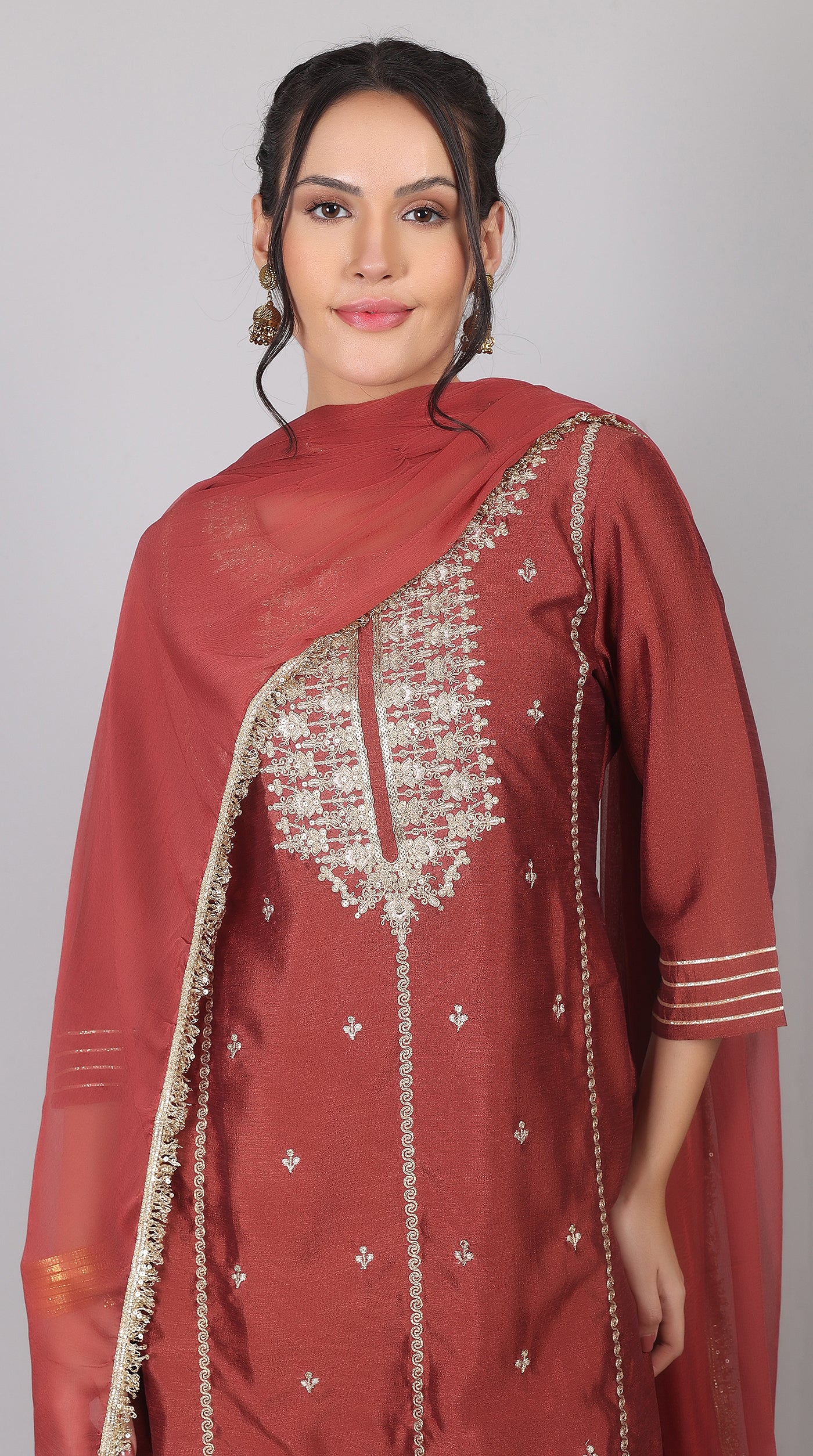 Maroon Georgette Vichitra Zari Embroidered Gharara Set with Dupatta - Image 6