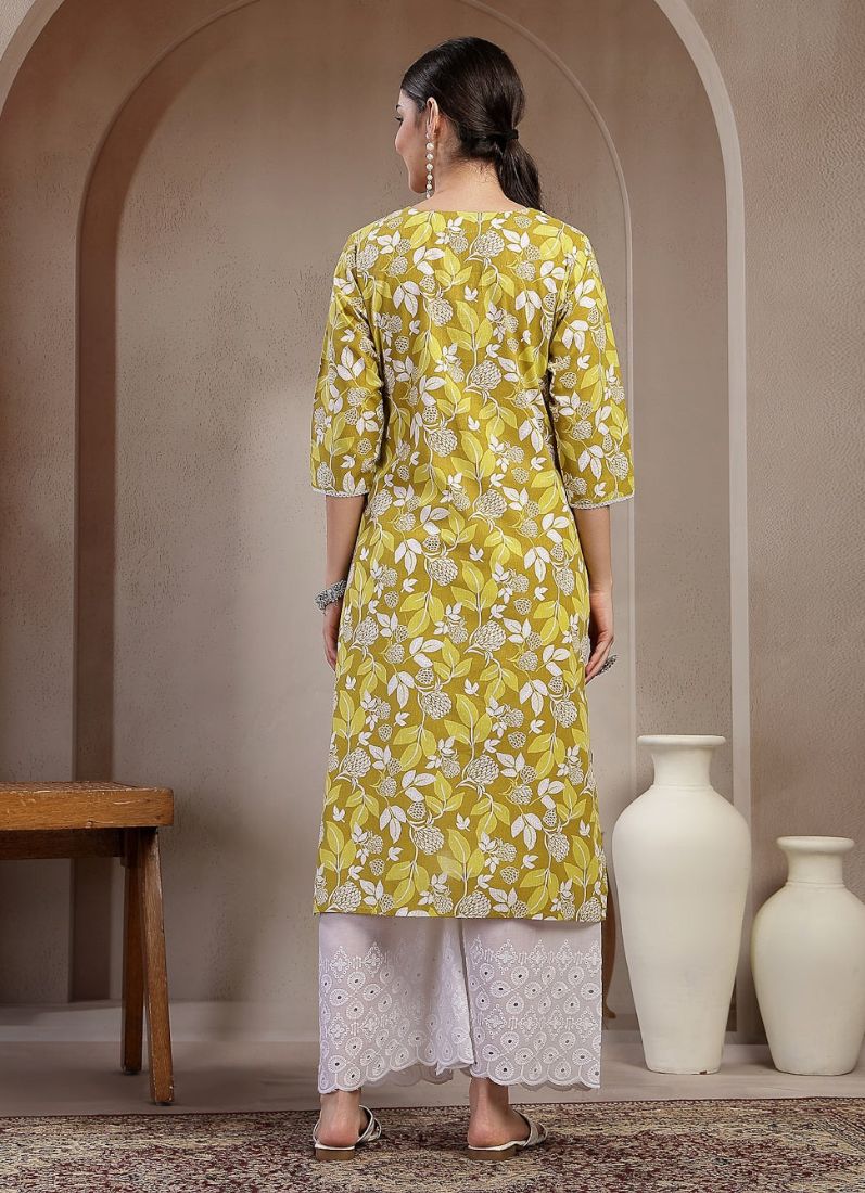 Mehendi Green Cotton A-Line Kurti - Image 2