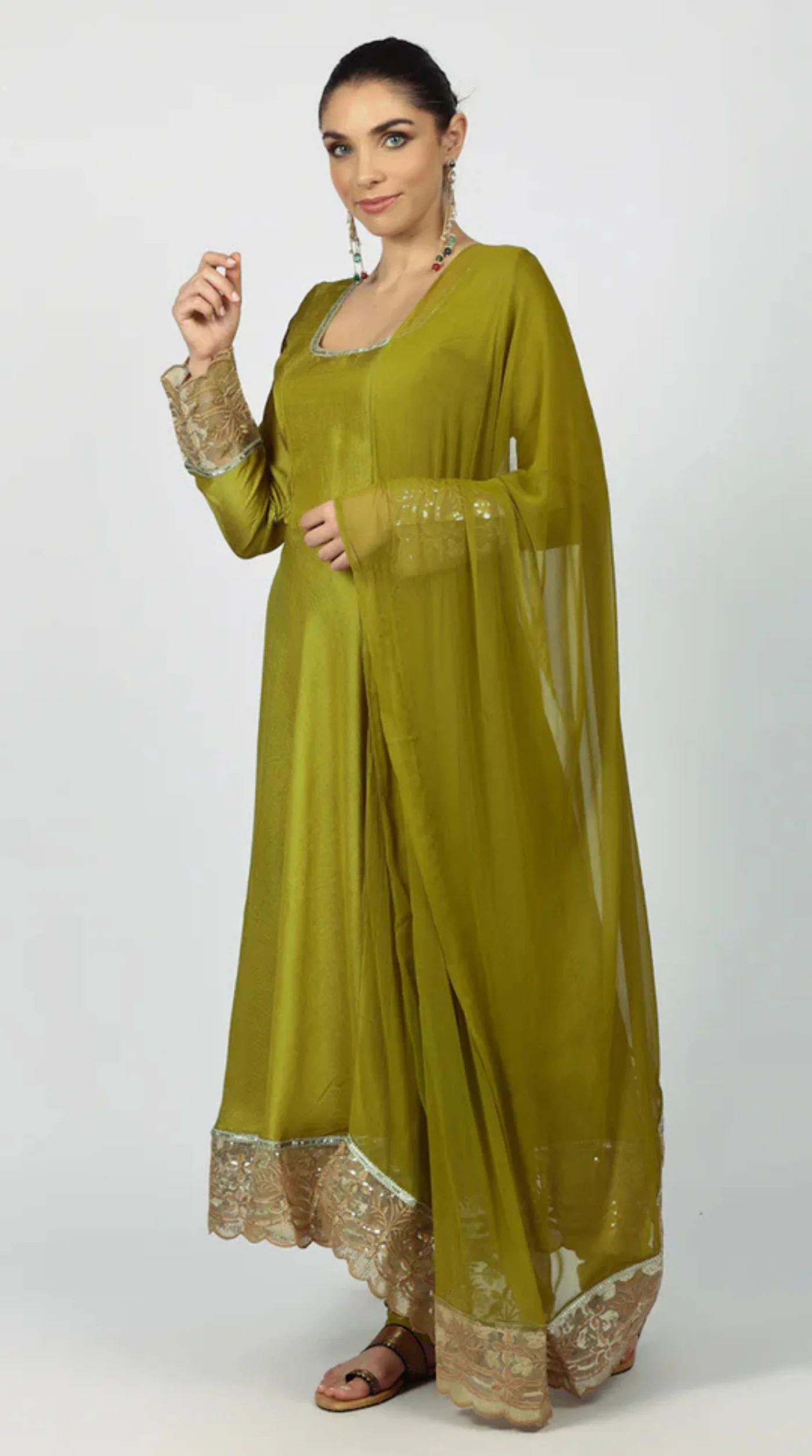 Mehendi Green Georgette Vichitra Bias Cut Suit Set - Image 2