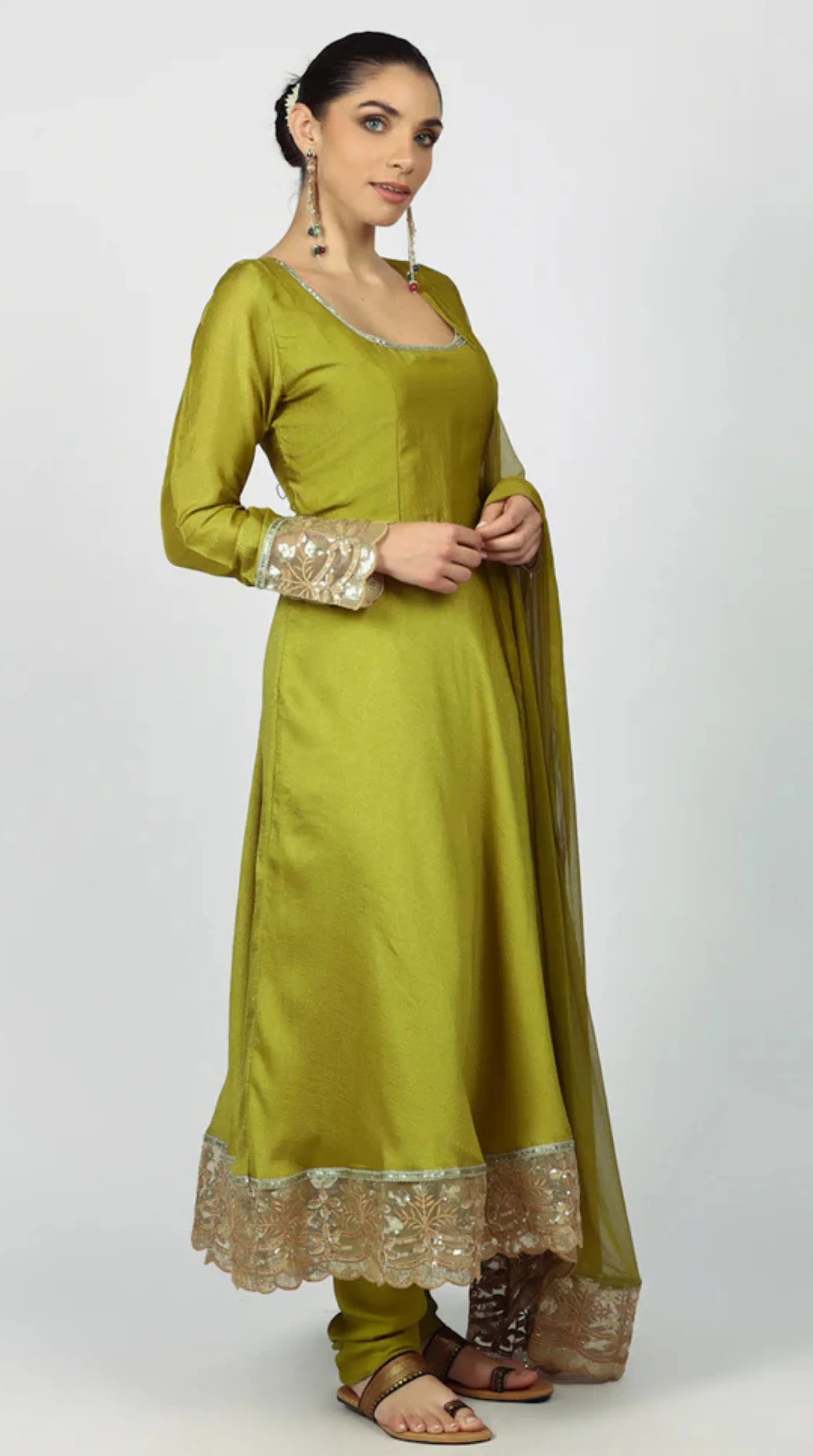 Mehendi Green Georgette Vichitra Bias Cut Suit Set - Image 3
