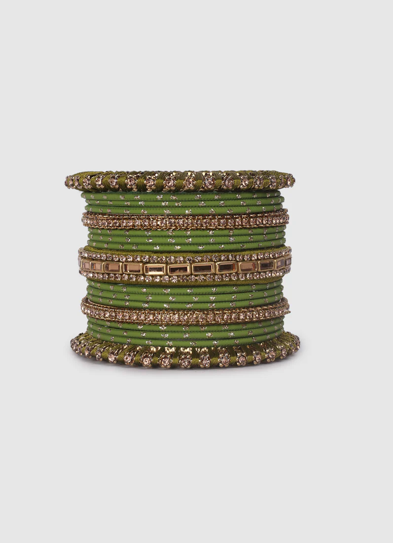 Mehendi Green Threadwork Bangle Set with LCT Diamonte - Image 2