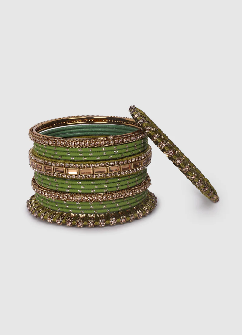 Mehendi Green Threadwork Bangle Set with LCT Diamonte - Image 3