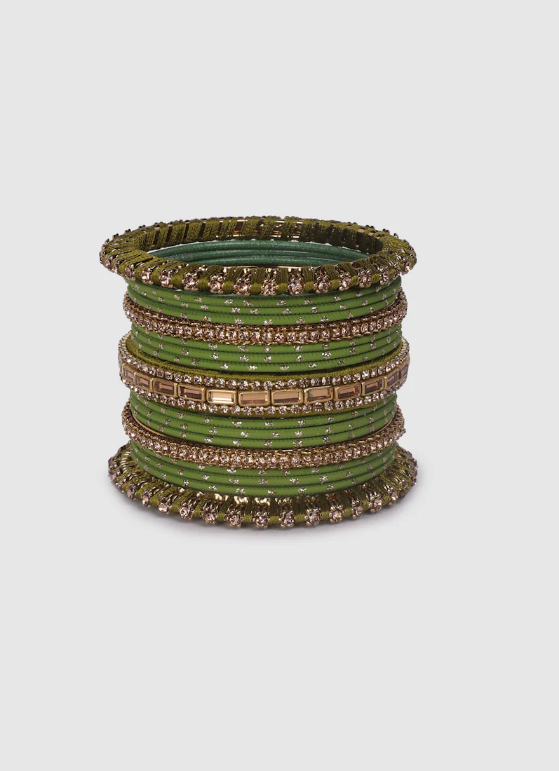 Mehendi Green Threadwork Bangle Set with LCT Diamonte - Image 4