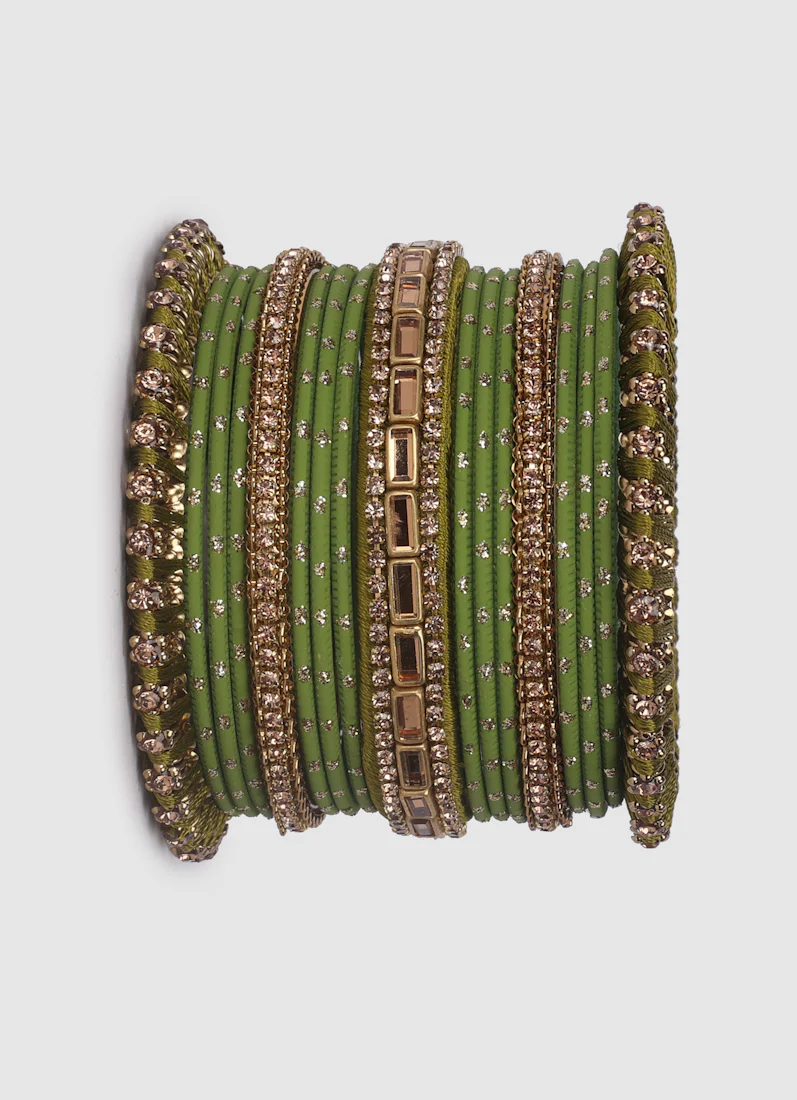 Mehendi Green Threadwork Bangle Set with LCT Diamonte - Image 5