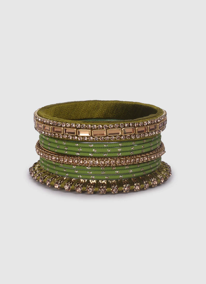 Mehendi Green Threadwork Bangle Set with LCT Diamonte - Image 6