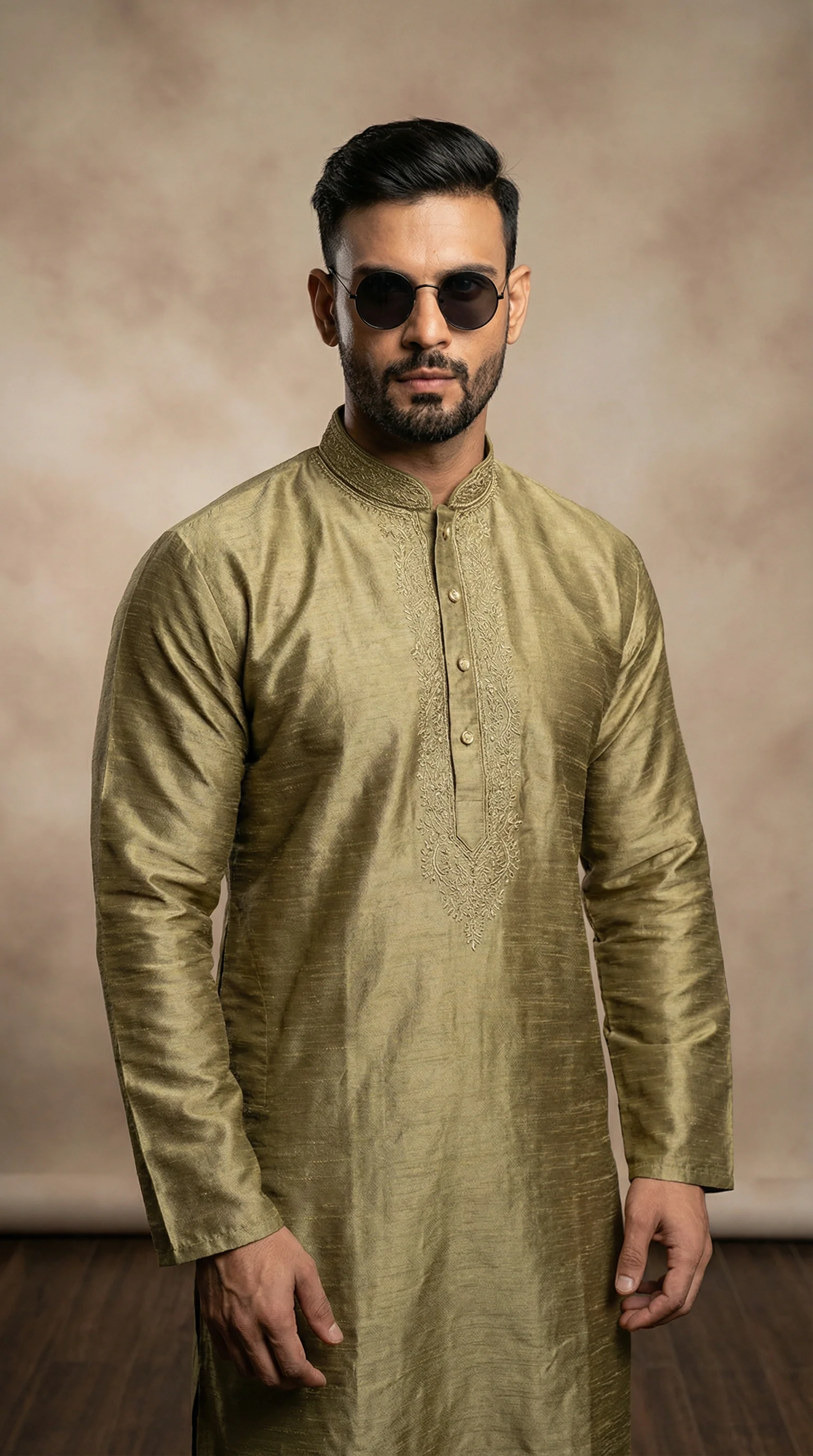 Men's Antique Gold Embroidered Silk Kurta Pyjama Set - Image 2