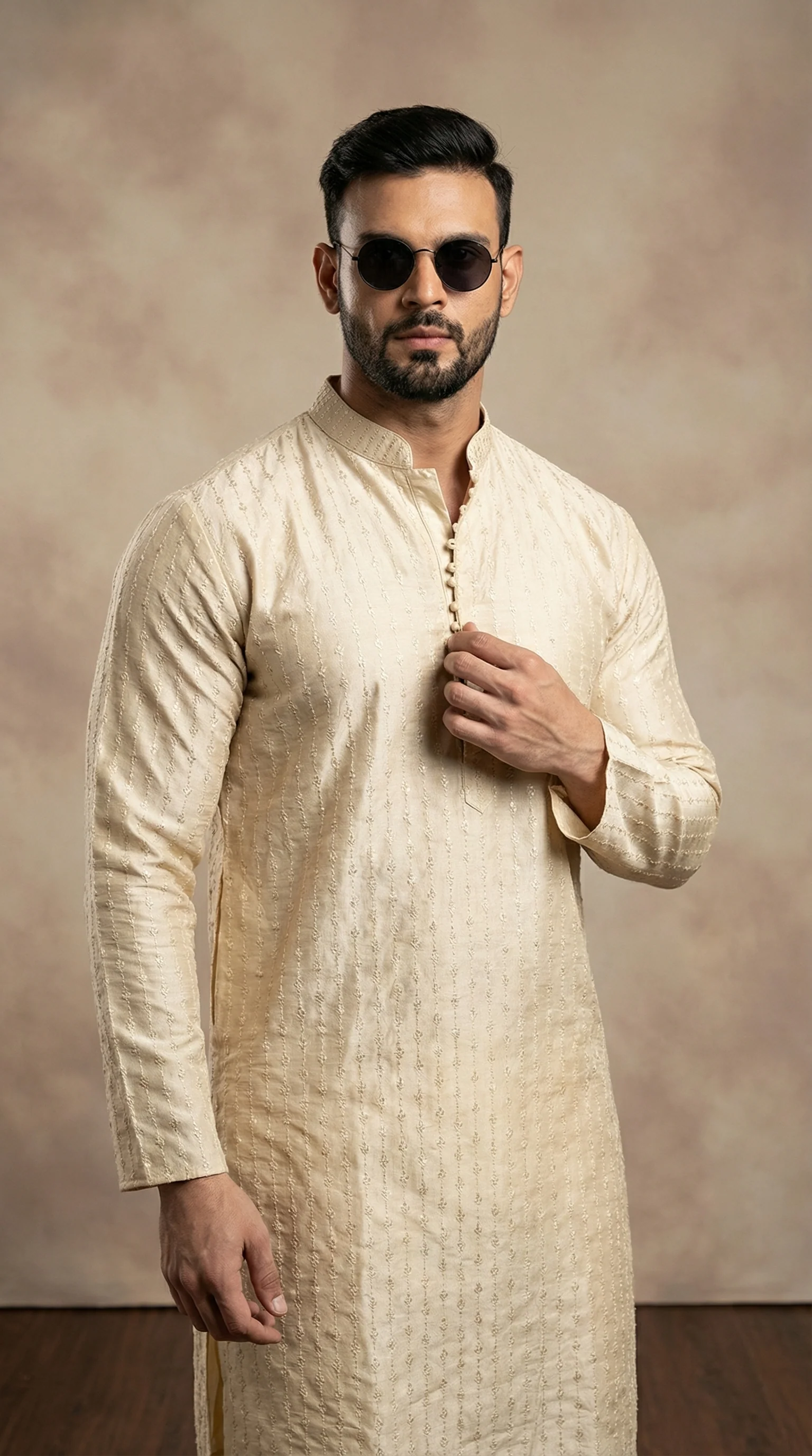 Men’s Beige Embroidered Shalwar Kameez – Luxury Wear - Image 2