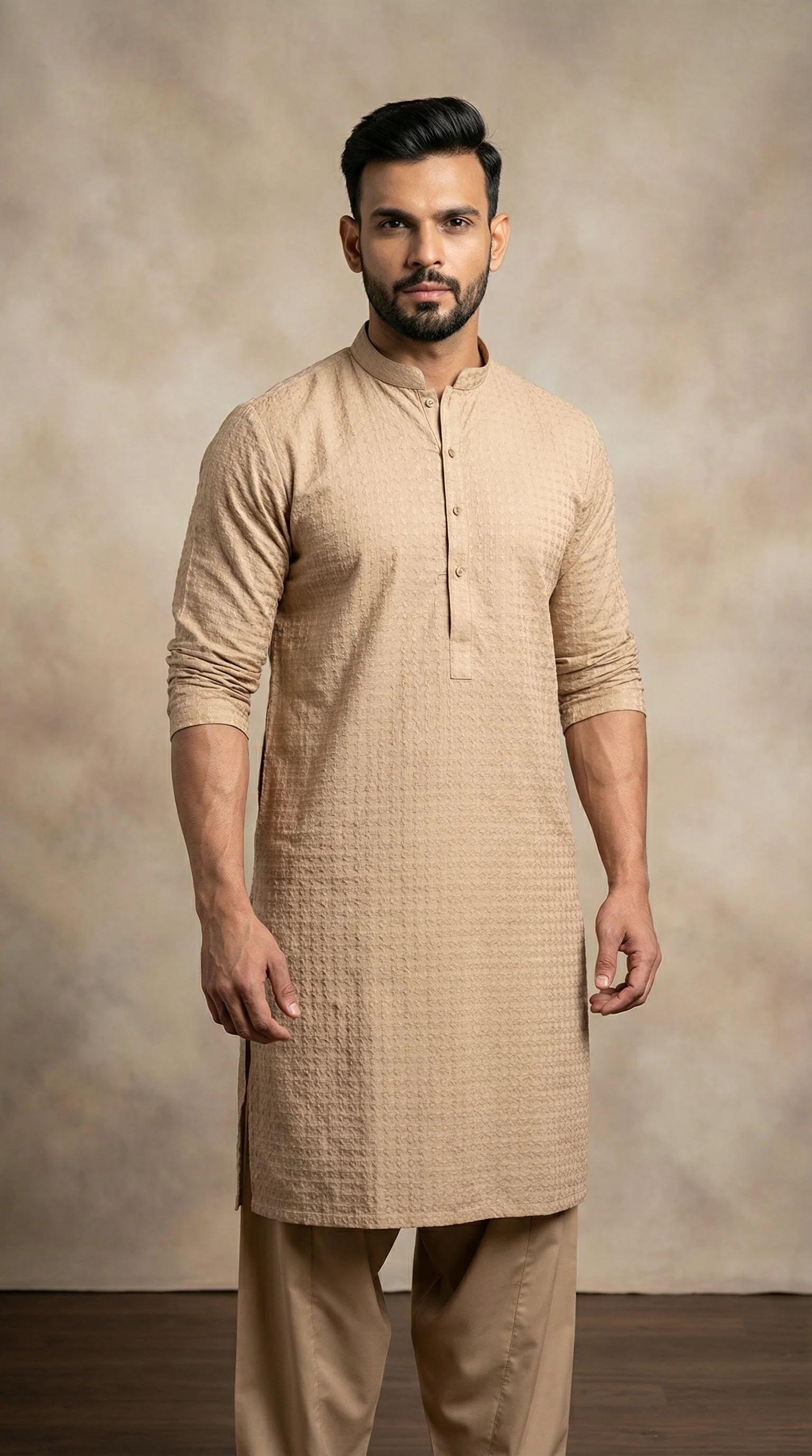 Men’s Beige Kurta Pyjama - Image 2