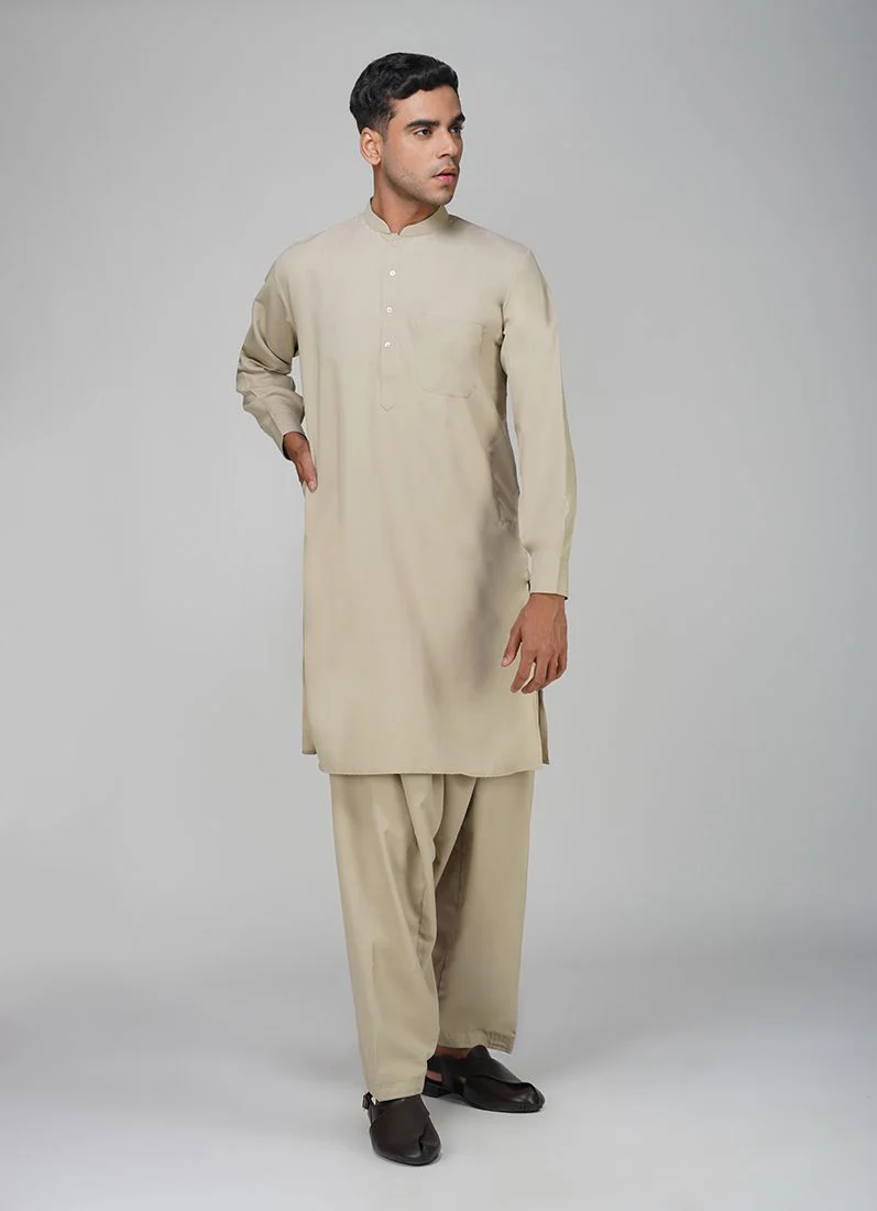 Men's Beige Polyester Salwar Kurta Set - Image 2