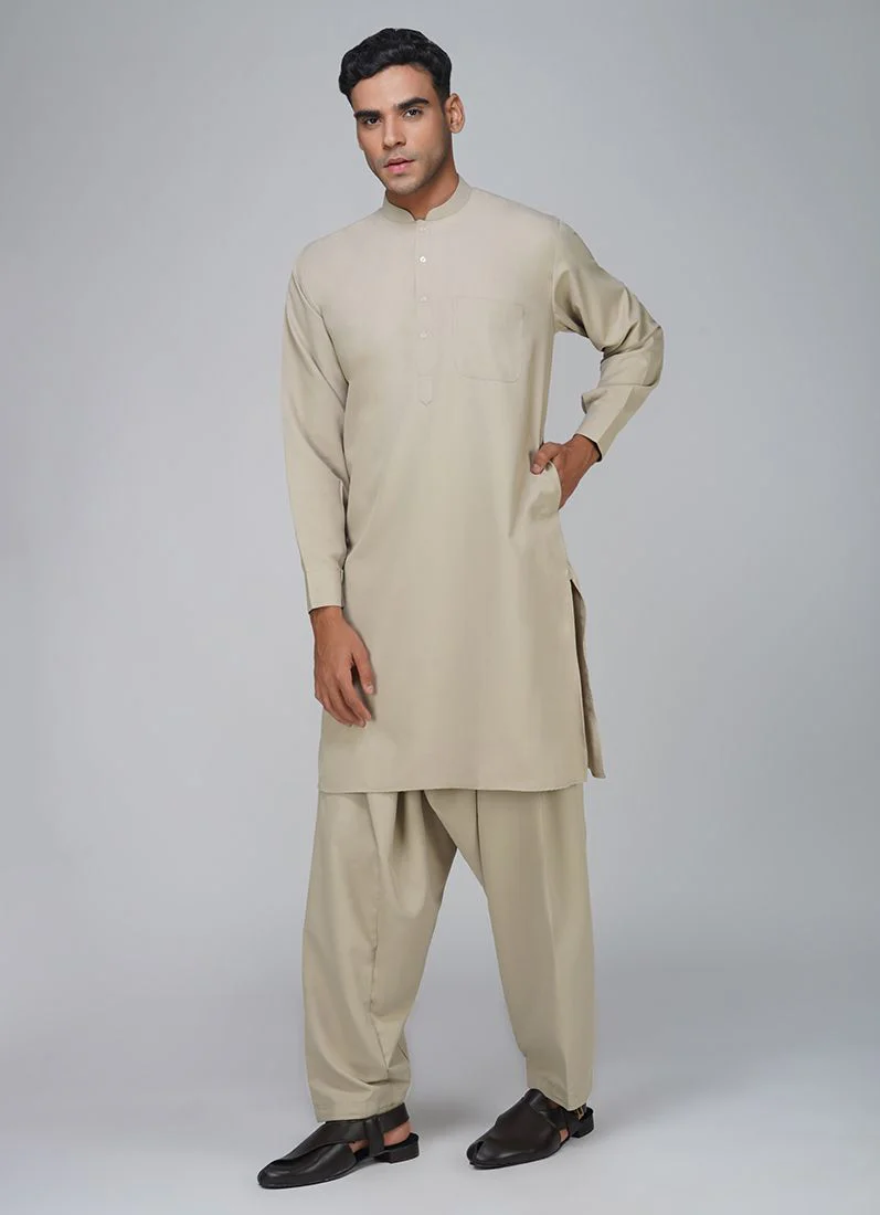 Men's Beige Polyester Salwar Kurta Set - Image 3