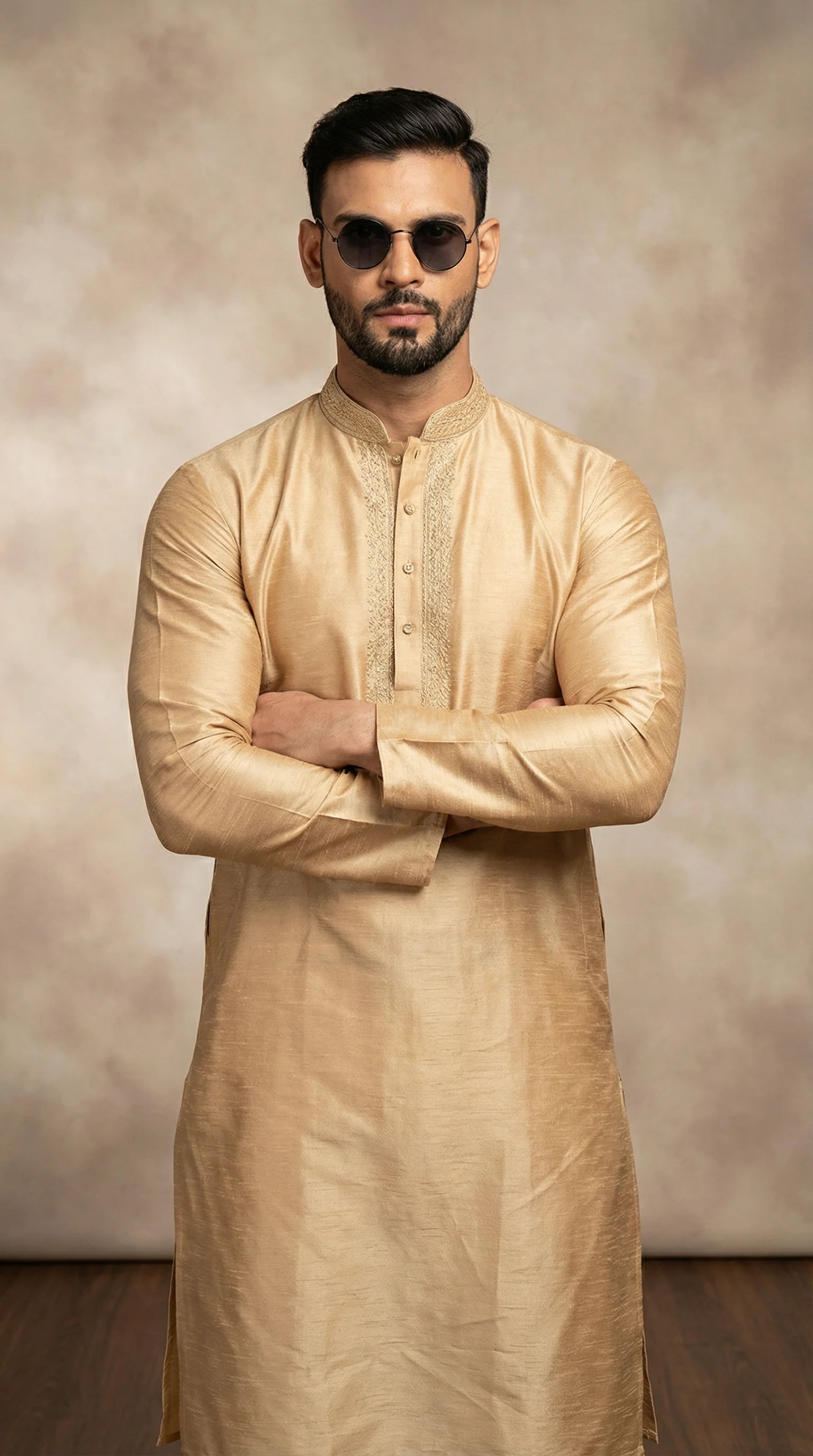 Men's Beige Resham Embroidered Kurta Pyjama Set - Image 2