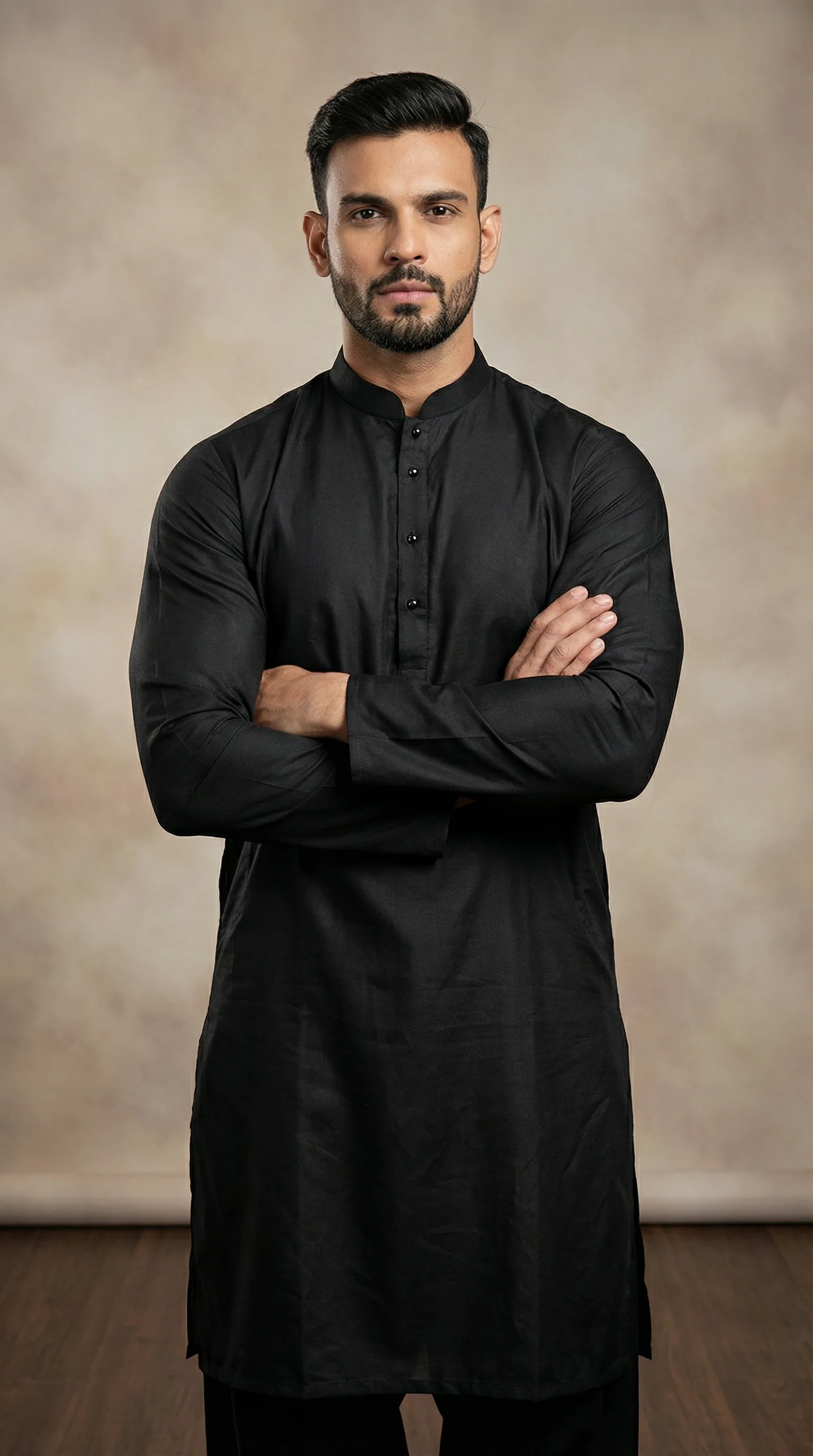 Men’s Black Band Collar Classic Shalwar Kameez - Image 2