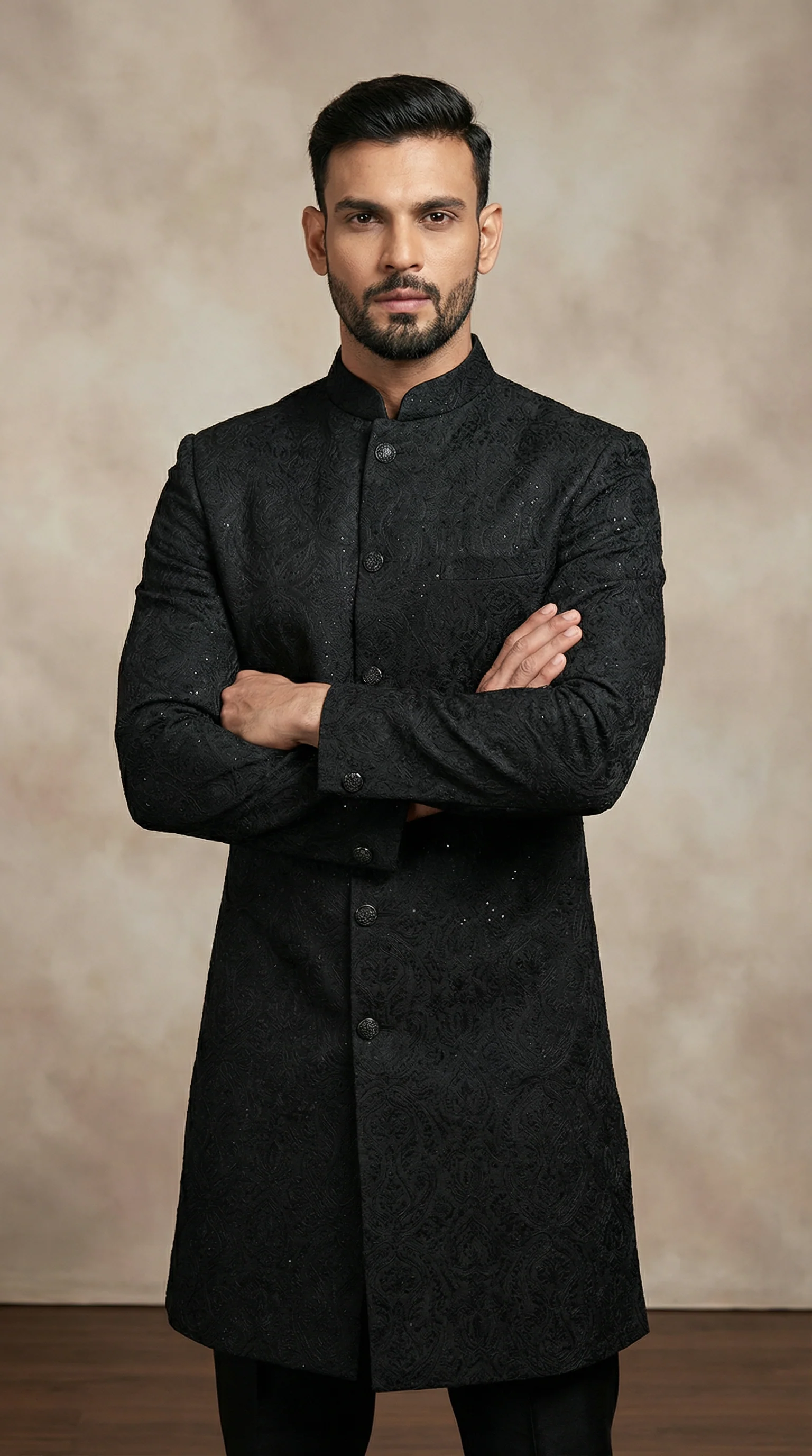 Men's Black Brocade Semi Sherwani - Image 2