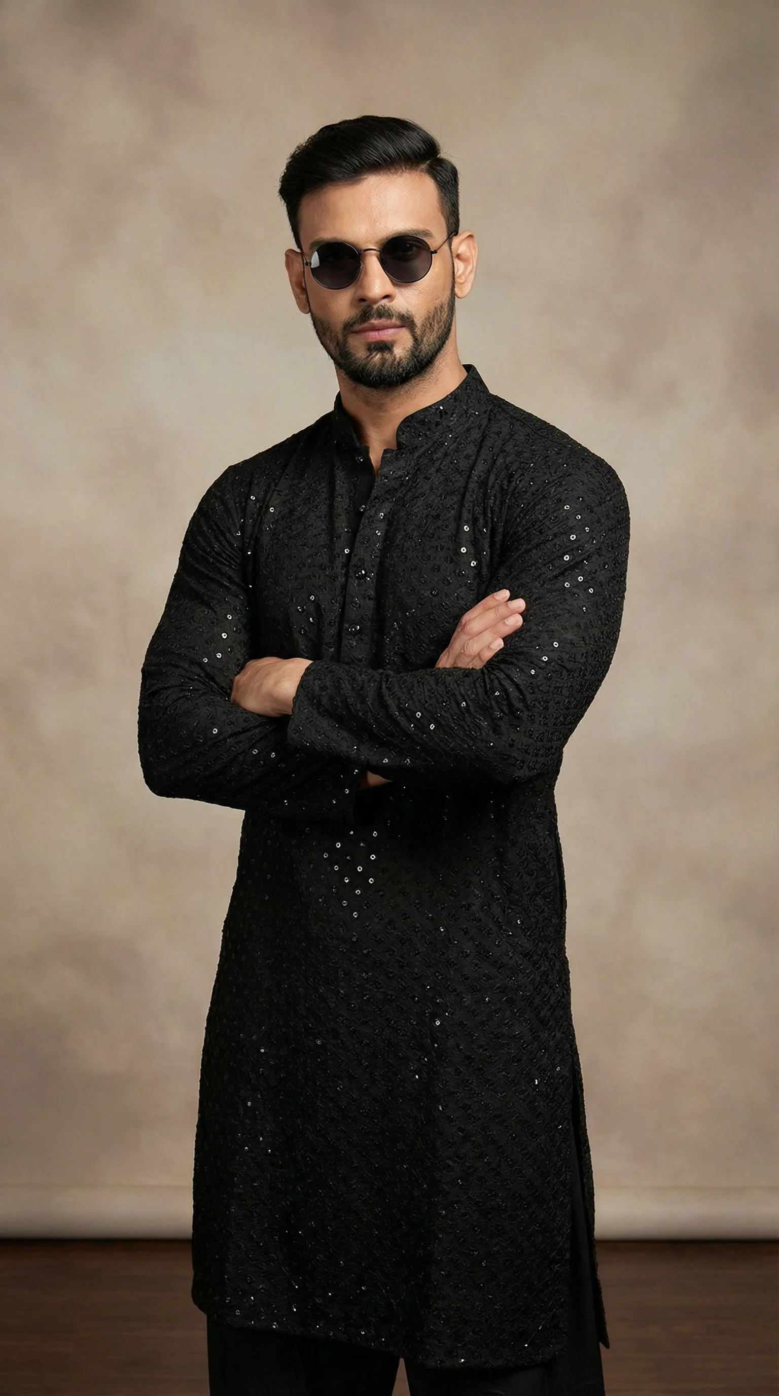 Men's Black Chikankari Sequin Embellished Shalwar Kameez - Image 2