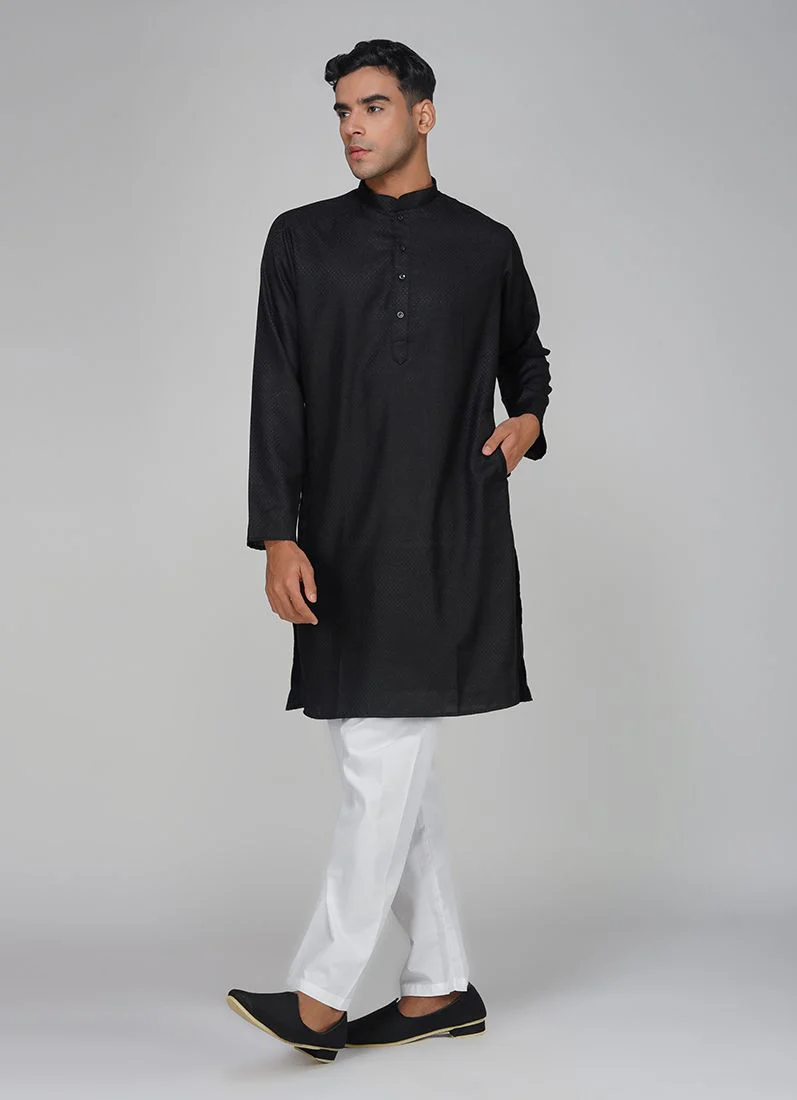 Men's Black Dobby Kurta Pajama Set - Image 2
