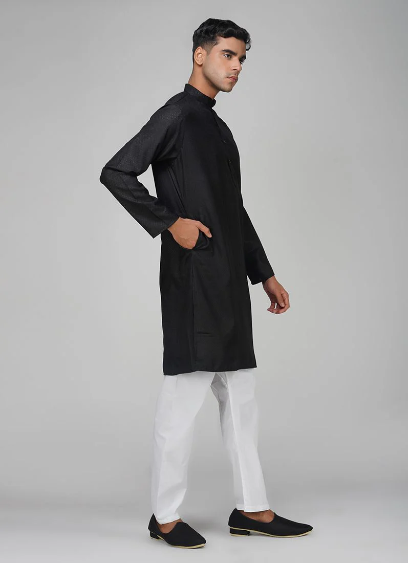 Men's Black Dobby Kurta Pajama Set - Image 3