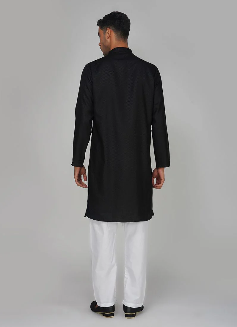 Men's Black Dobby Kurta Pajama Set - Image 5