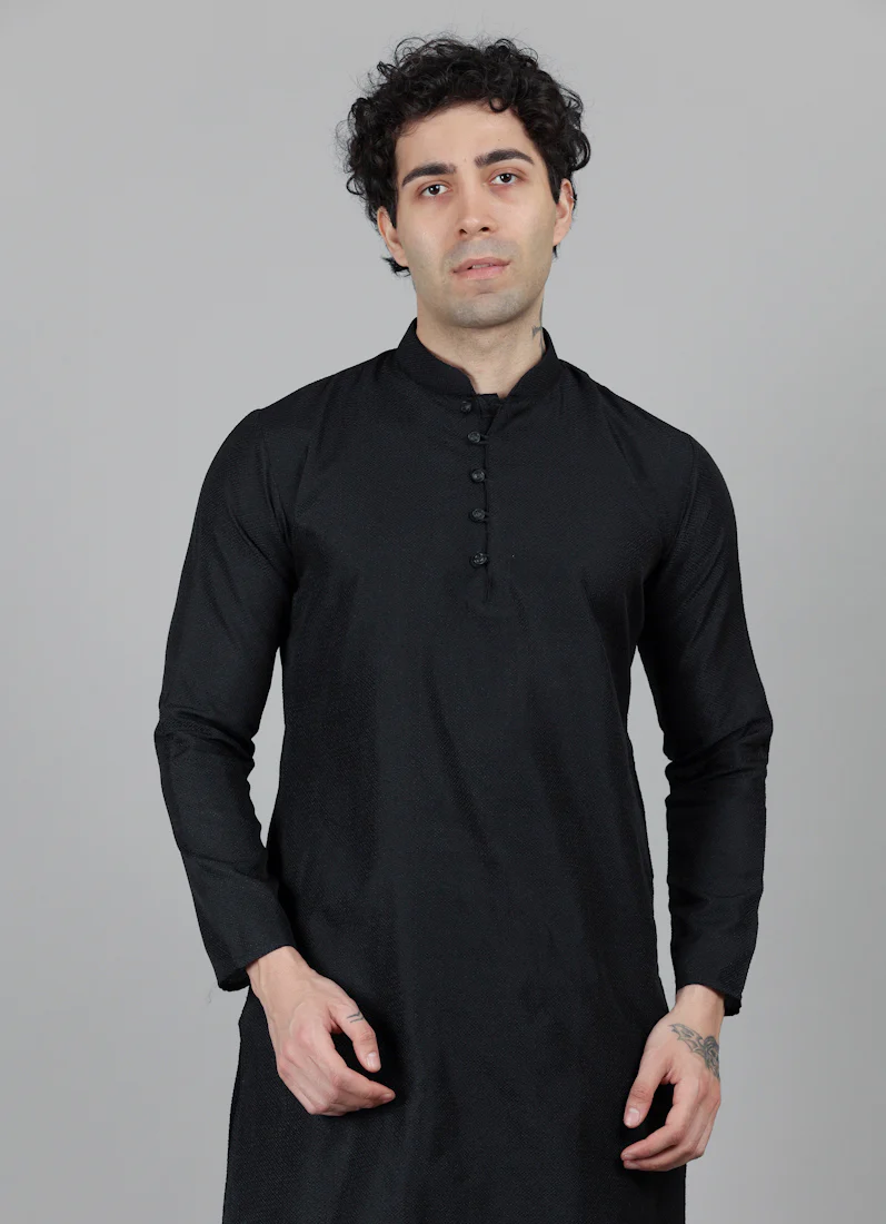 Men's Black Jacquard Kurta Payjama Set - Image 2