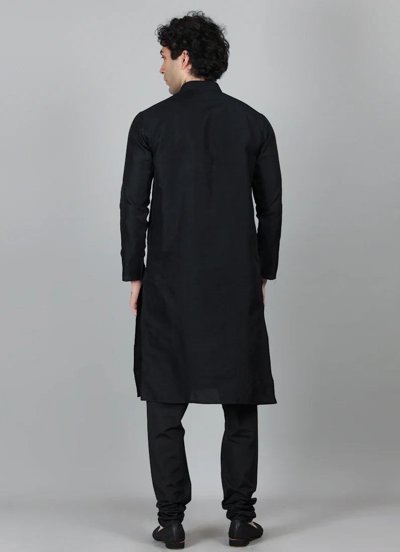 Men's Black Jacquard Kurta Payjama Set - Image 3