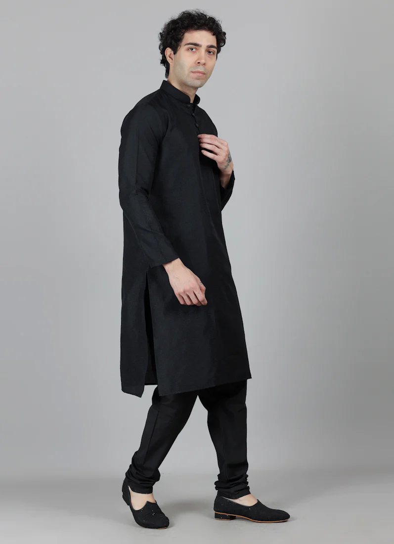Men's Black Jacquard Kurta Payjama Set - Image 4
