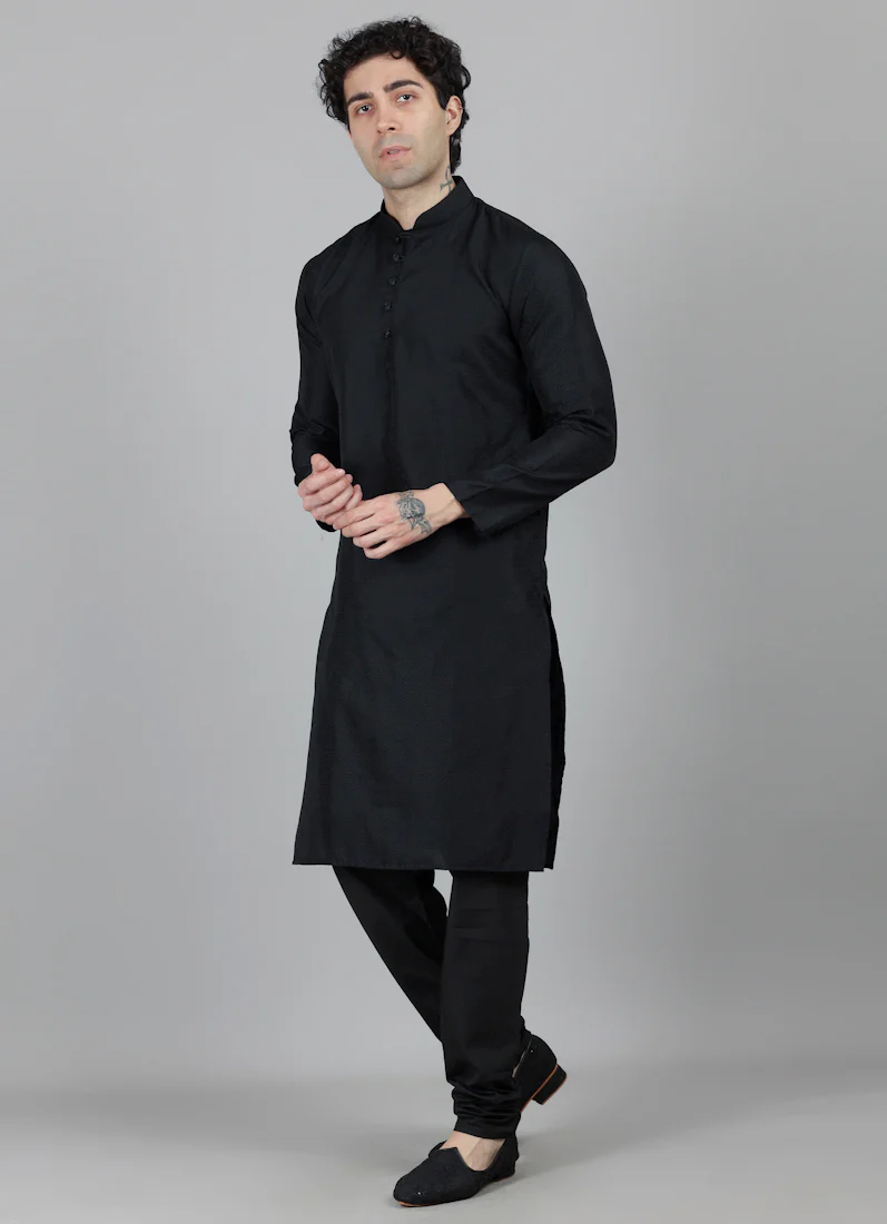 Men's Black Jacquard Kurta Payjama Set - Image 5