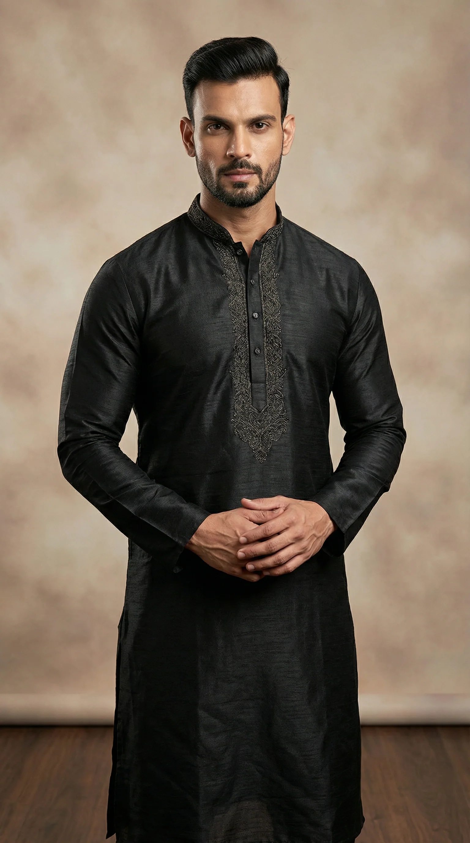 Men's Black Jaquard Embroidered Pajama Set - Image 2
