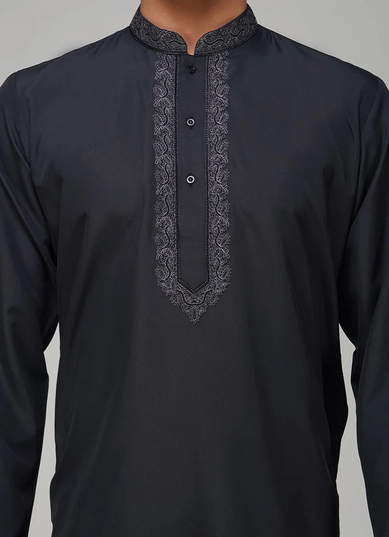 Men's Black Polyester Resham Embroidered Kurta Set - Image 5