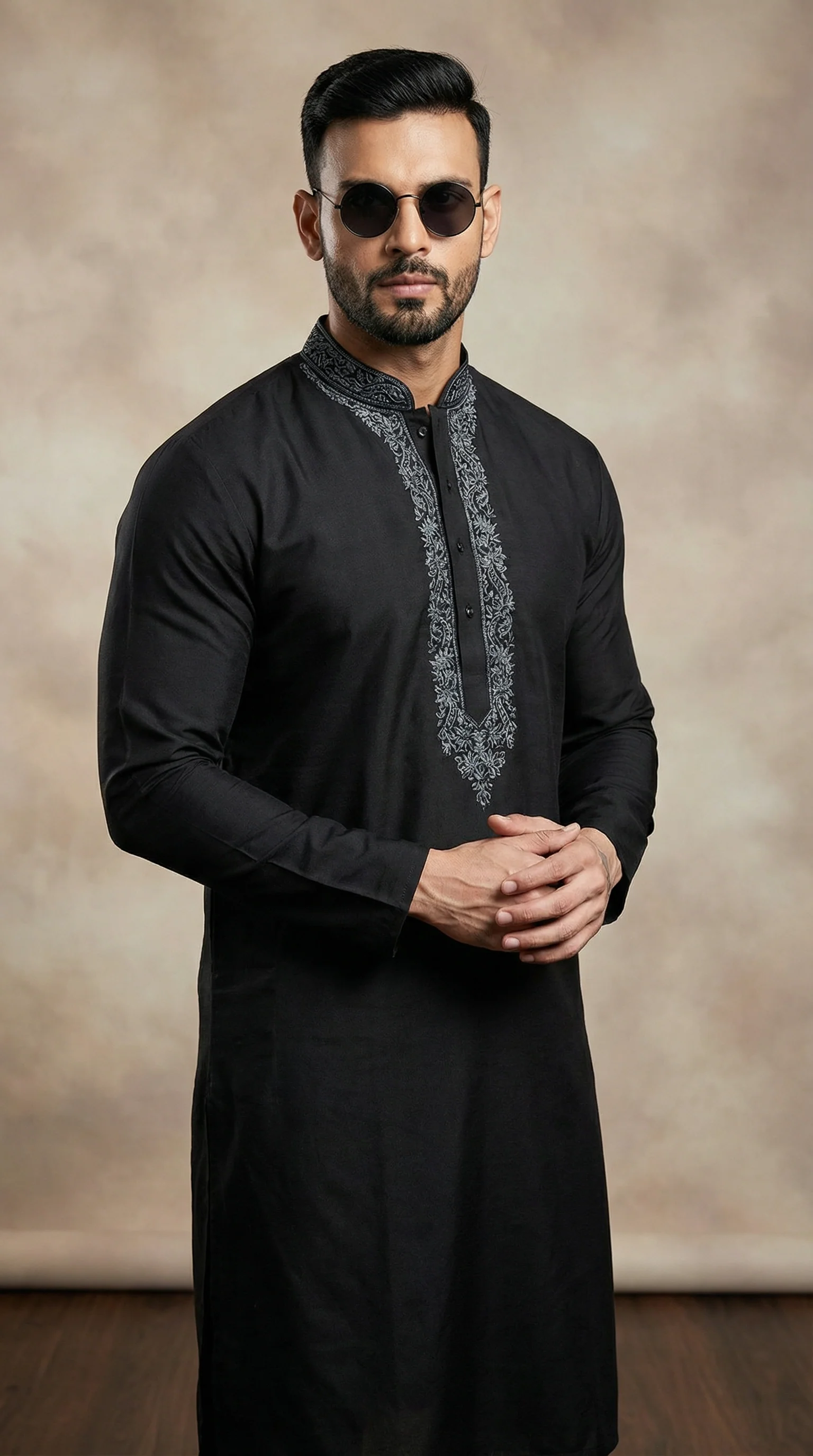 Men's Black Zari Embroidered Kurta Payjama Set - Image 2