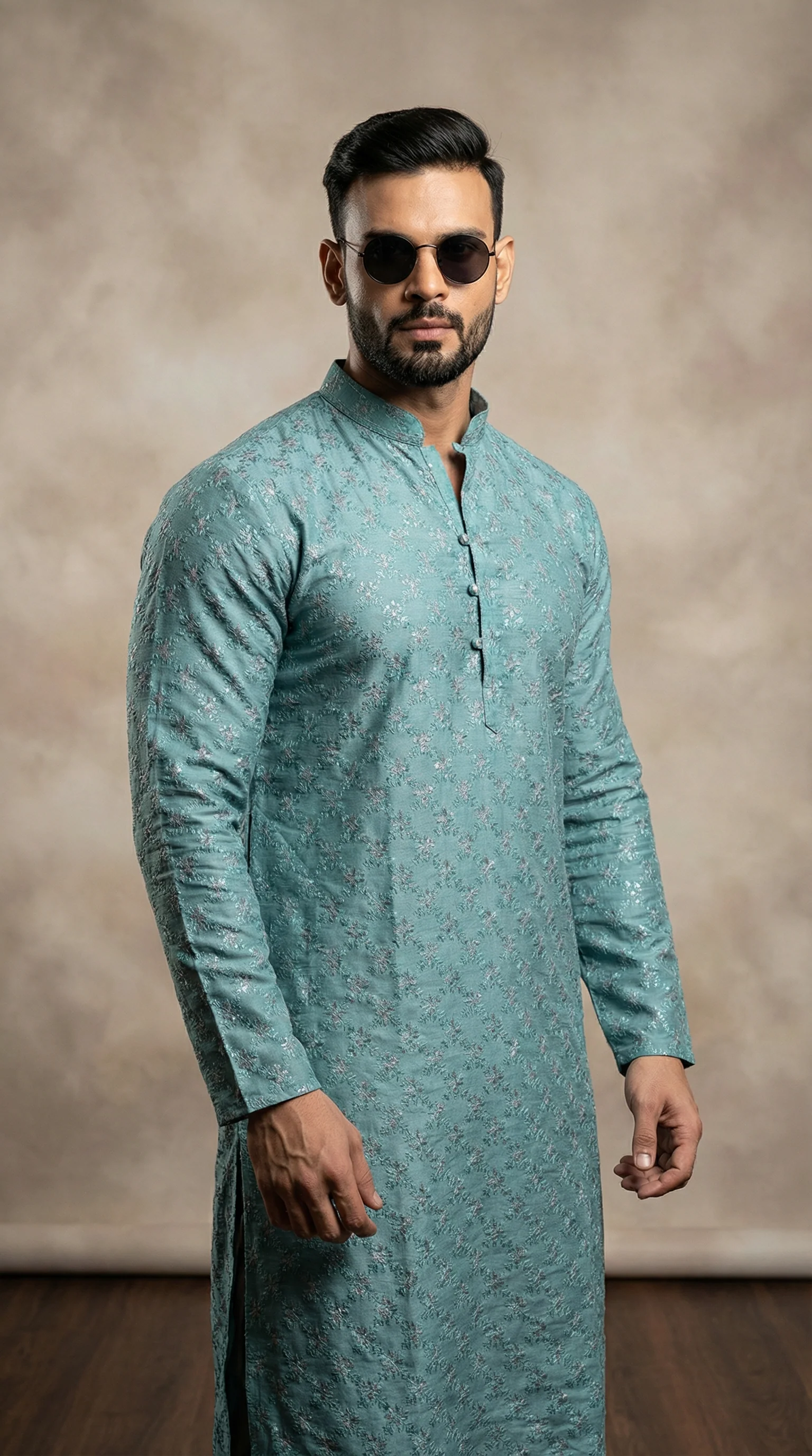 Men’s Blue Chikankari Kurta Pyjama - Image 2