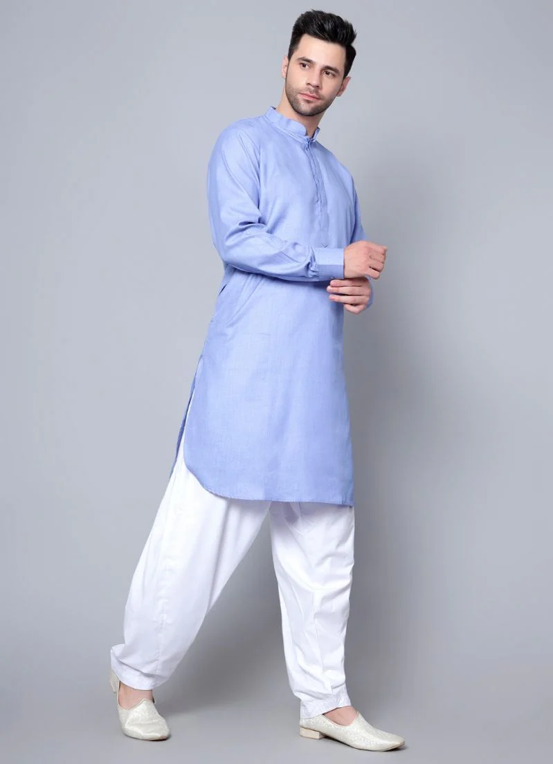 Men's Blue Kurta Salwar Set - Image 3