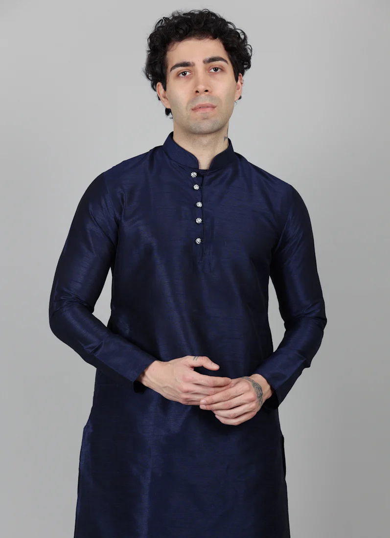 Men's Blue Slub Kurta Payjama Set - Image 2