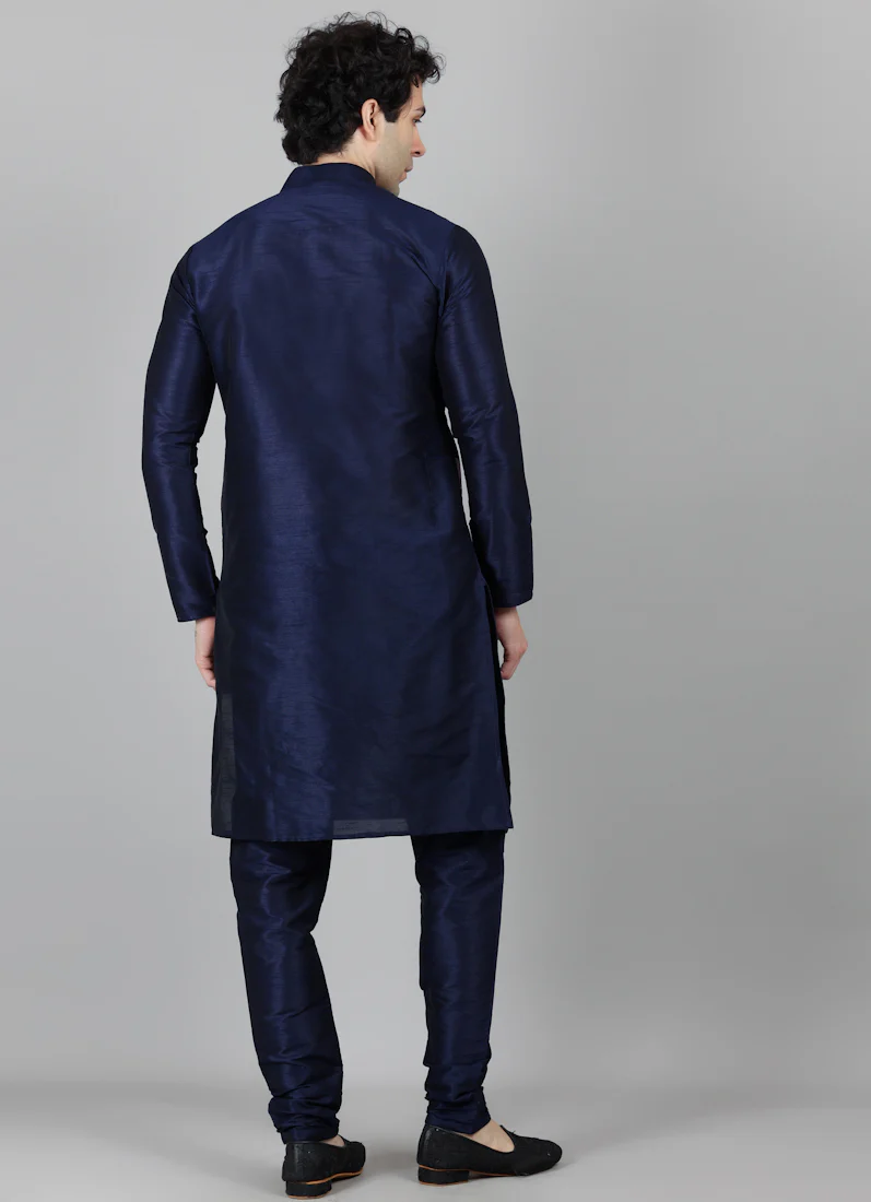 Men's Blue Slub Kurta Payjama Set - Image 3
