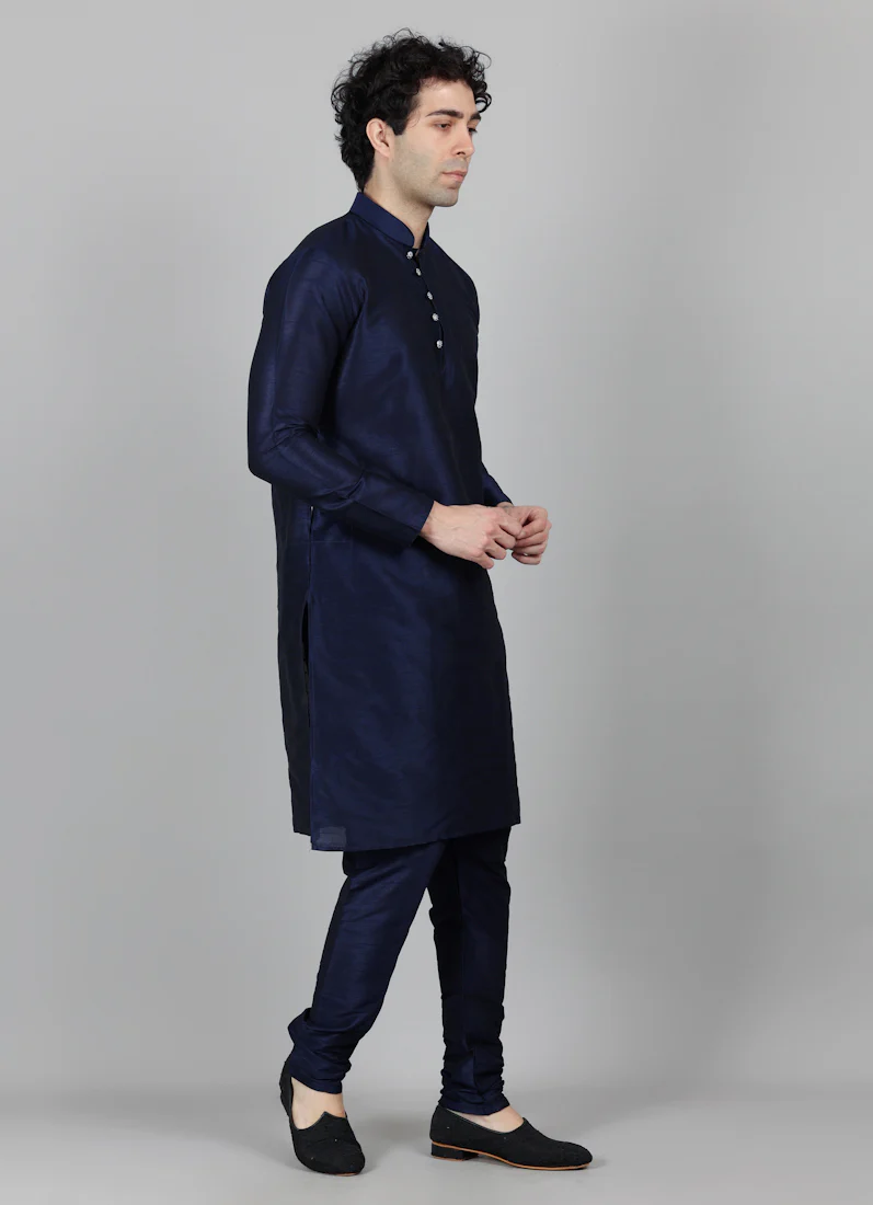 Men's Blue Slub Kurta Payjama Set - Image 4