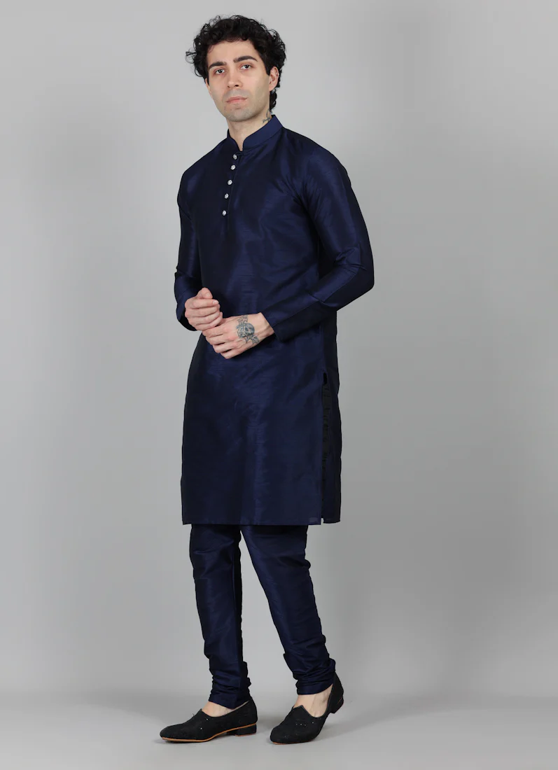Men's Blue Slub Kurta Payjama Set - Image 5