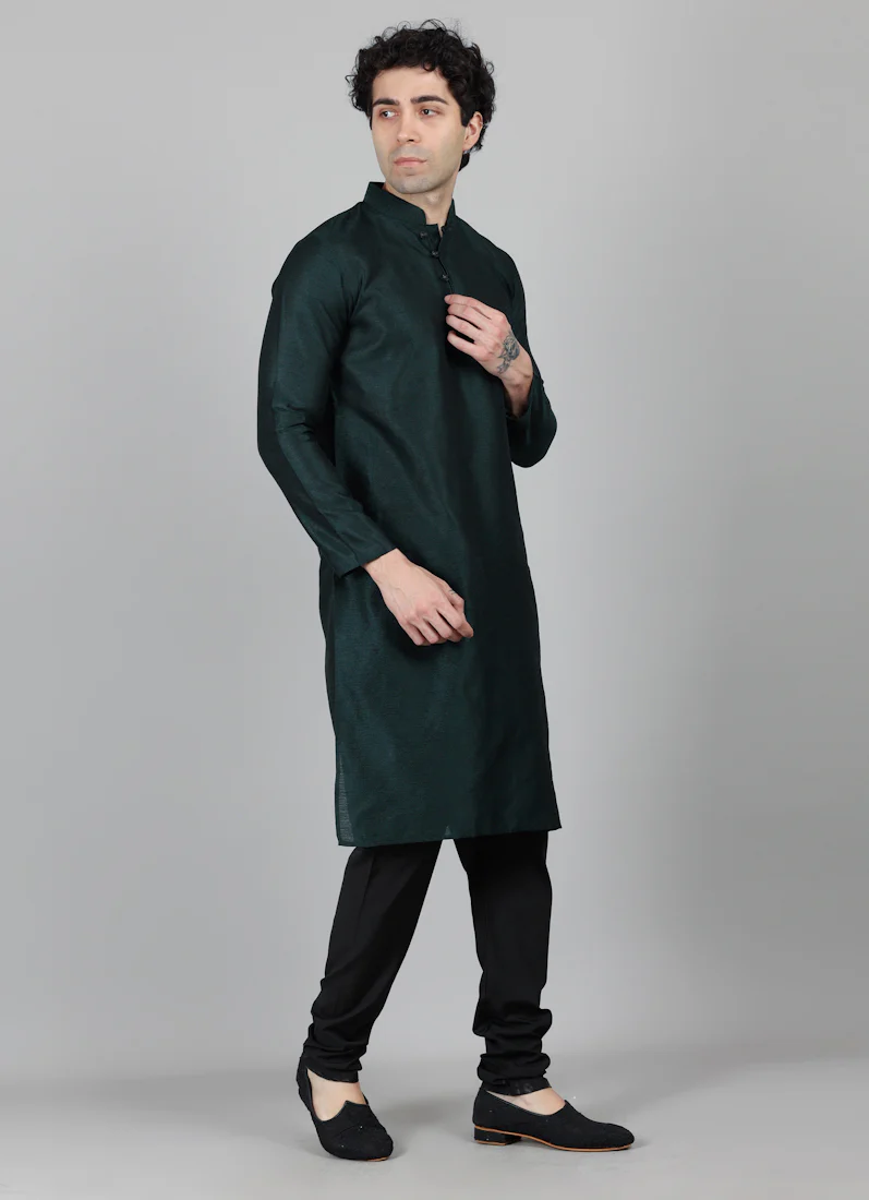 Men's Bottle Green Kurta Payjama Set - Image 2