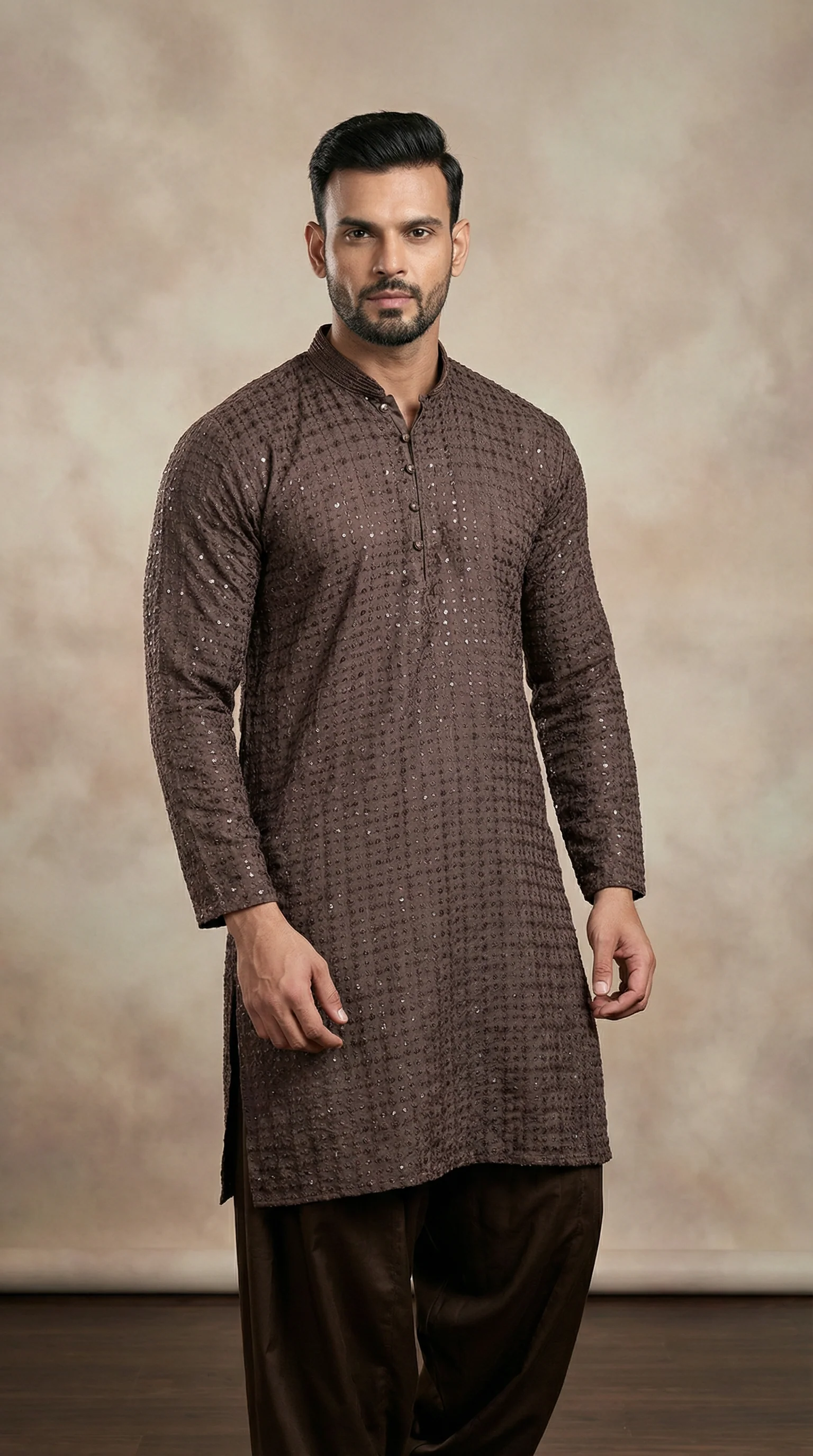 Men’s Brown Chikankari Embroidered Shalwar Kameez - Image 2