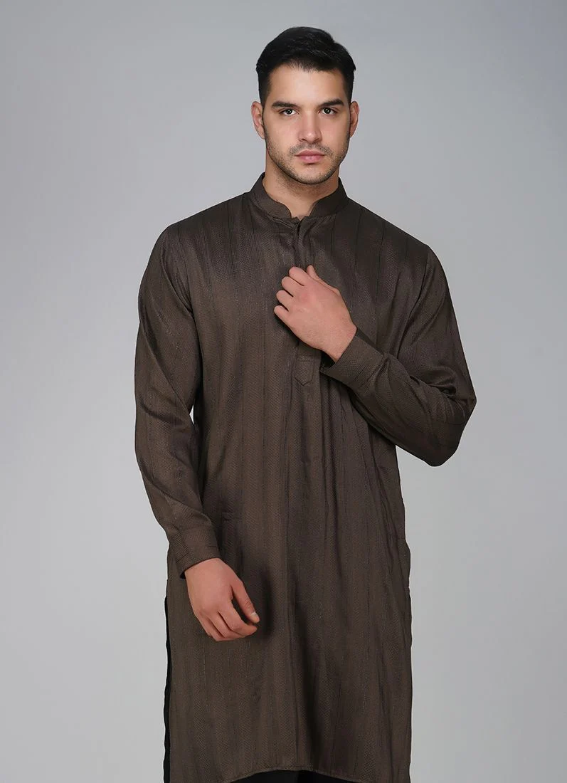 Men's Brown Dobby Salwar Kurta Set - Image 2