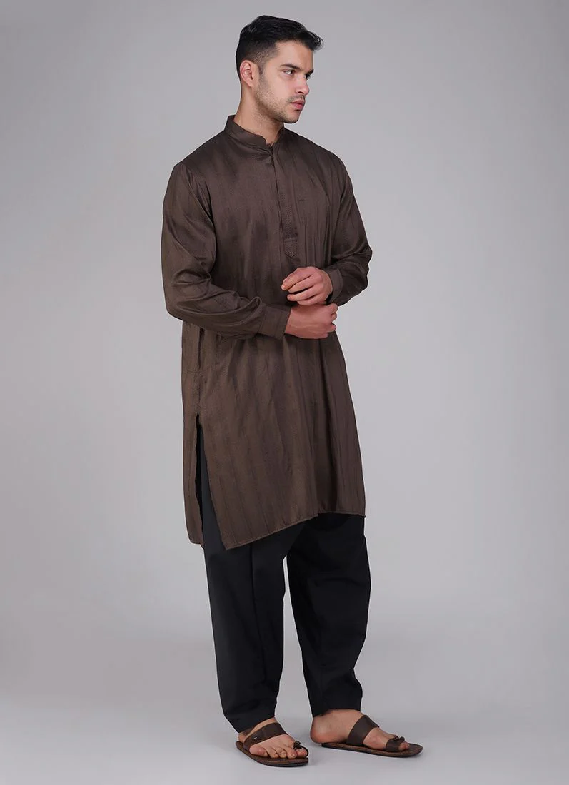 Men's Brown Dobby Salwar Kurta Set - Image 3