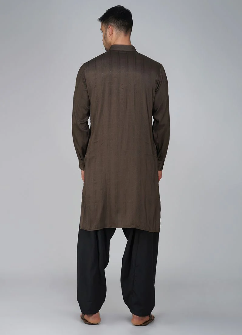 Men's Brown Dobby Salwar Kurta Set - Image 5