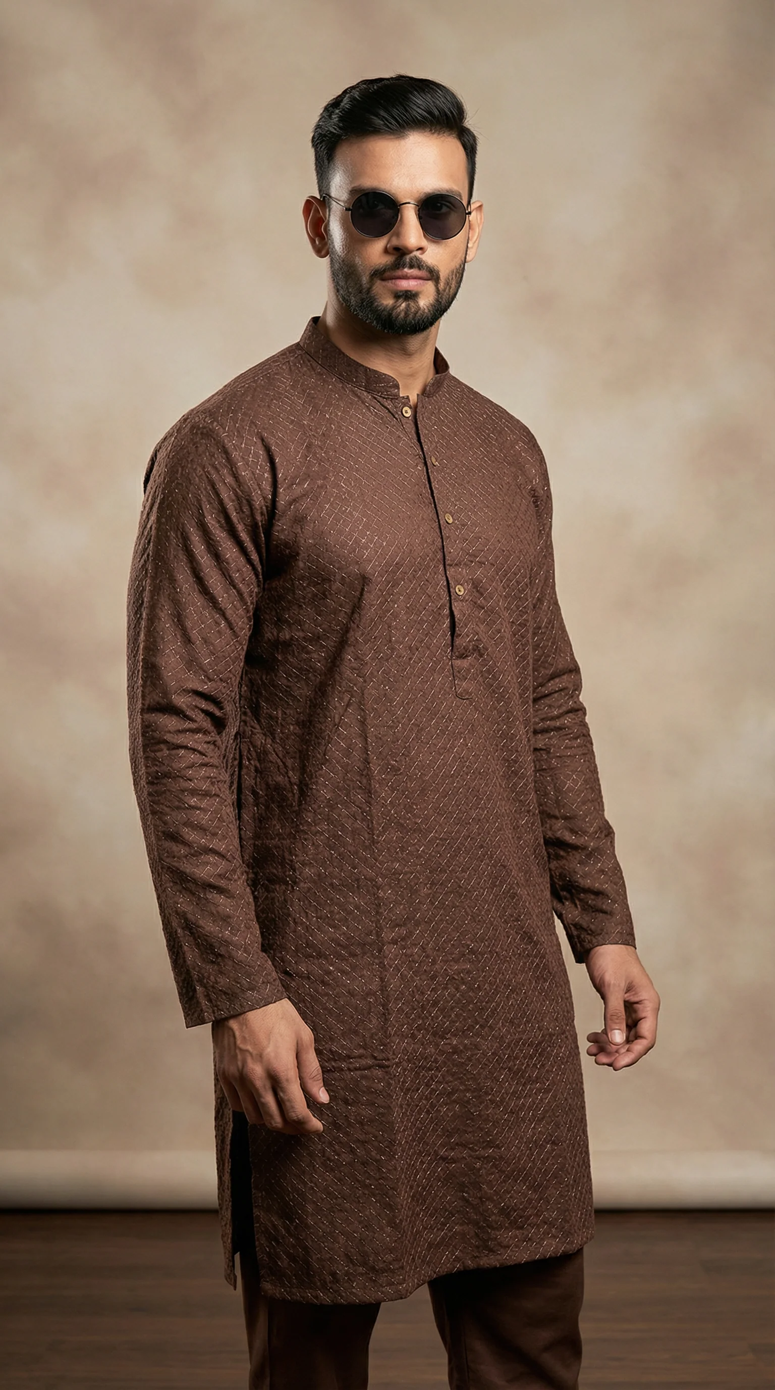 Men’s Brown Embroidered Cotton Kurta Pyjama - Image 2