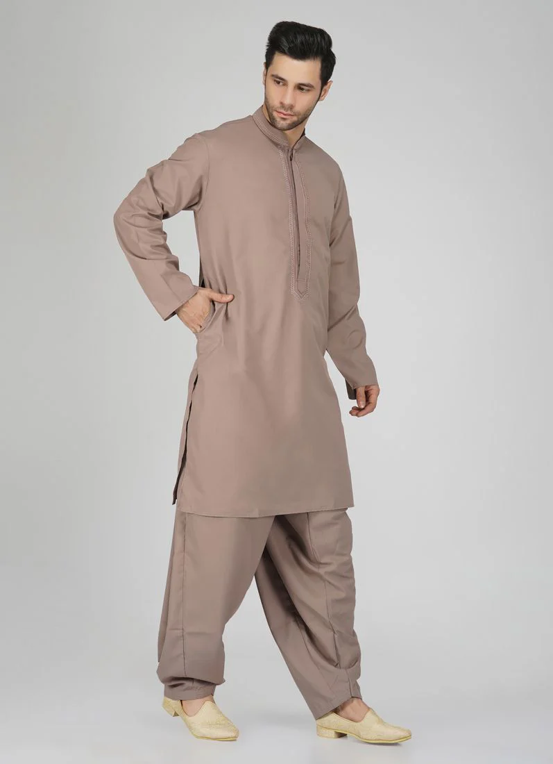Men's Brown Embroidered Salwar Kameez Set - Image 3