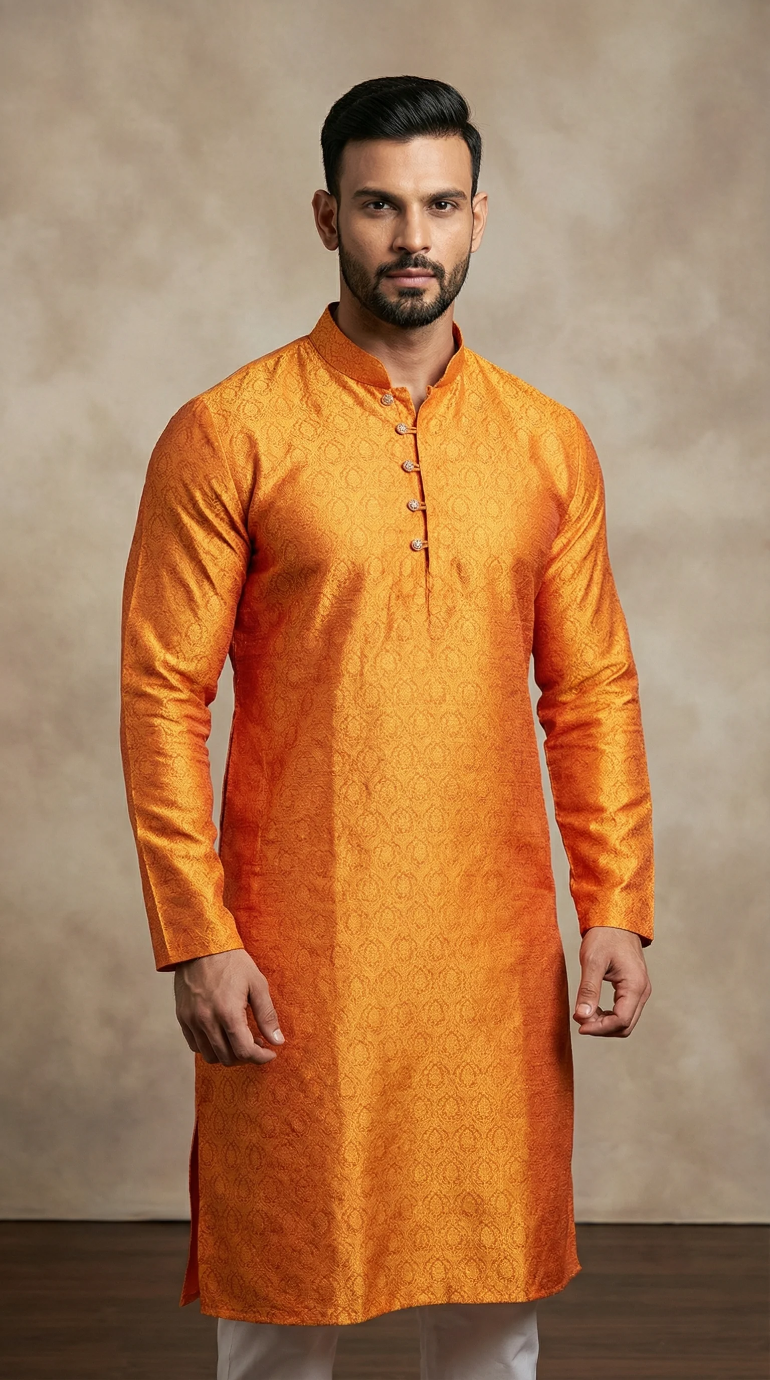 Men's Burnt Orange Jacquard Kurta Payjama Set - Image 2