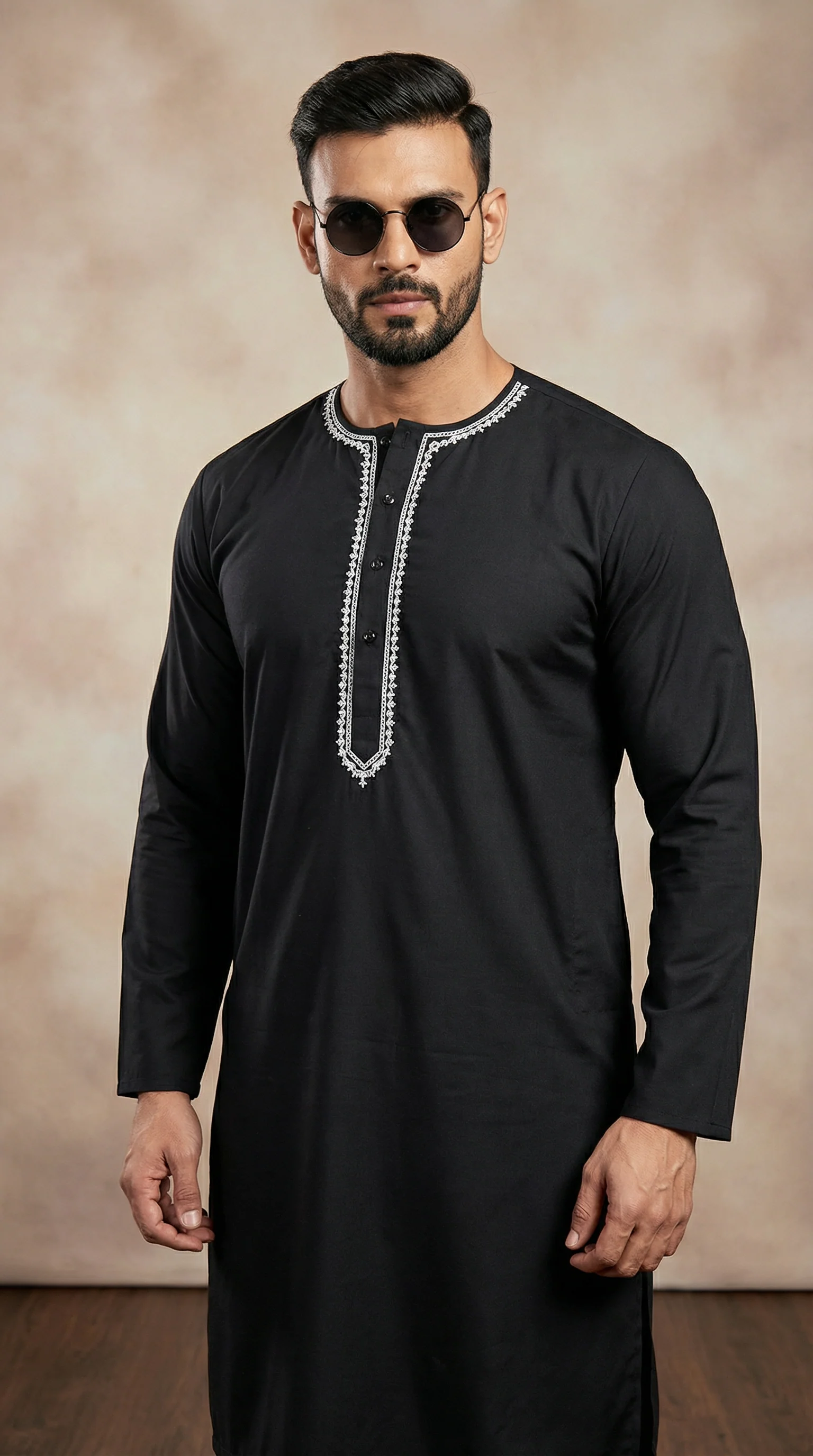 Men’s Black Kurta Pyjama with Contrast Embroidery - Image 2