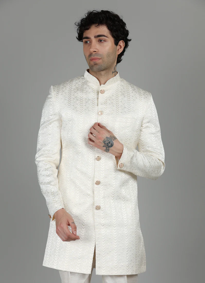 Men's Cream Brocade Semi Sherwani With Kurta - Image 2