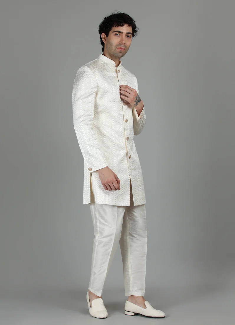 Men's Cream Brocade Semi Sherwani With Kurta - Image 3