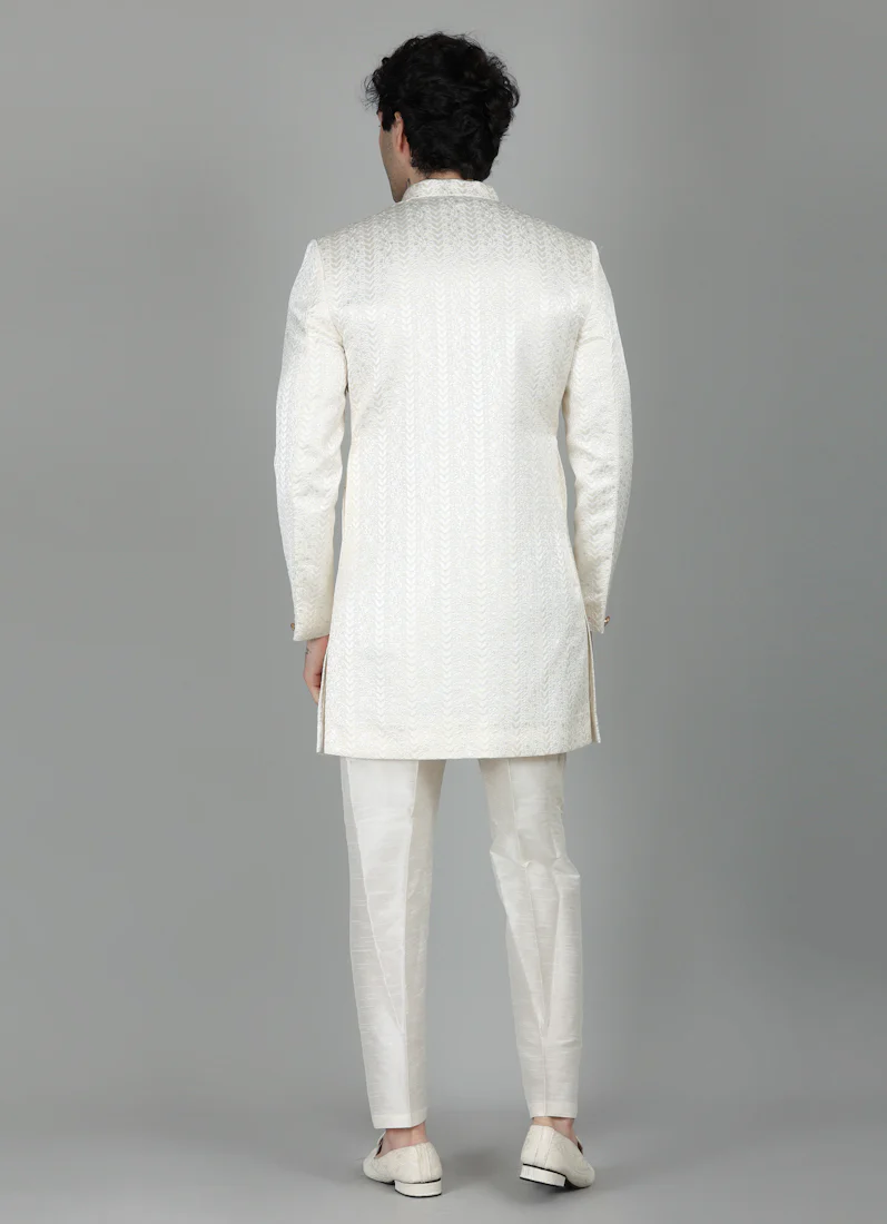 Men's Cream Brocade Semi Sherwani With Kurta - Image 4