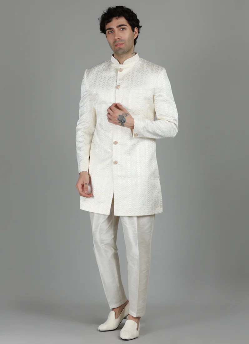 Men's Cream Brocade Semi Sherwani With Kurta - Image 5