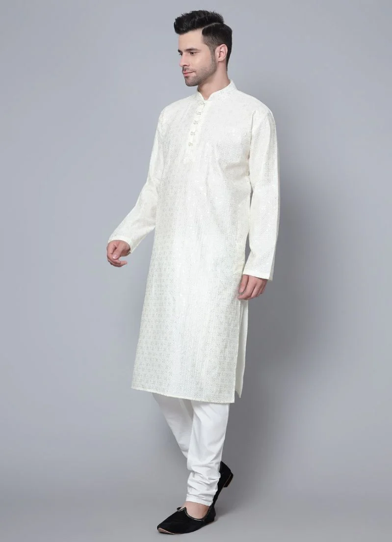 Men's Cream Chikankari Kurta Pajama Set - Image 2