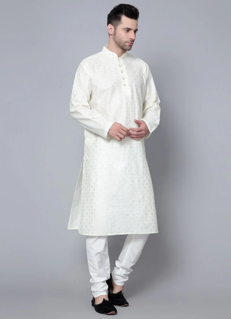 Men's Cream Chikankari Kurta Pajama Set - Image 3
