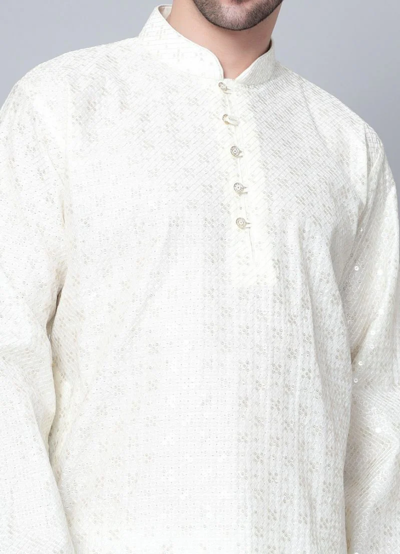Men's Cream Chikankari Kurta Pajama Set - Image 4